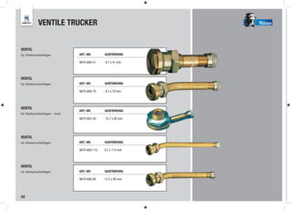VENTILE TRUCKER                                    TRUCKER




VENTIL
für Steilschulterfelgen           ART.-NR.       AUSFÜHRUNG

                                  9879-800-41    9,7 x 41 mm



VENTIL
für Steilschulterfelgen           ART.-NR.       AUSFÜHRUNG

                                  9879-800-70    9,7 x 70 mm




VENTIL
                                  ART.-NR.       AUSFÜHRUNG
für Steilschulterfelgen – breit
                                  9879-805-40    15,7 x 40 mm




VENTIL
für Steilschulterfelgen           ART.-NR.       AUSFÜHRUNG

                                  9879-800-115   9,7 x 115 mm




VENTIL
für Steilschulterfelgen           ART.-NR.       AUSFÜHRUNG

                                  9879-800-90    12,5 x 90 mm




32
 