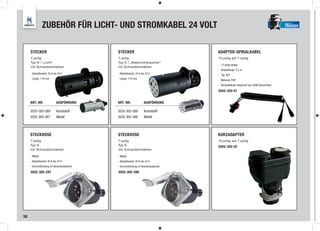 ZUBEHÖR FÜR LICHT- UND STROMKABEL 24 VOLT                                                                           TRUCKER




     STECKER                               STECKER                               ADAPTER-SPIRALKABEL
     7-polig                               7-polig                               15-polig auf 7-polig
     Typ N / „Licht“                       Typ S / „Nebenverbraucher“
                                                                                 - 13-polig belegt
     mit Schraubkontakten                  mit Schraubkontakten
                                                                                 - Arbeitslänge: 3,5 m
     - Belastbarkeit: 20 A bis 24 V        - Belastbarkeit: 20 A bis 24 V        - Typ: N/S
     - Länge: 116 mm                       - Länge: 116 mm                       - Material: PUR
                                                                                 - Rückstellkraft entspricht den OEM-Vorschriften

                                                                                 3555-320-51


     ART.-NR.                AUSFÜHRUNG    ART.-NR.                AUSFÜHRUNG

     3555-305-589            Kunststoff    3555-305-588            Kunststoff
     3555-305-587            Metall        3555-305-586            Metall



     STECKDOSE                             STECKDOSE                             KURZADAPTER
     7-polig                               7-polig                               15-polig auf 7-polig
     Typ N                                 Typ S                                 3555-320-52
     mit Schraubkontakten                  mit Schraubkontakten

     - Metall                              - Metall
     - Belastbarkeit: 20 A bis 24 V        - Belastbarkeit: 20 A bis 24 V
     - Gummidichtung im Verschlussdeckel   - Gummidichtung im Verschlussdeckel

     3555-305-287                          3555-305-286




38
 