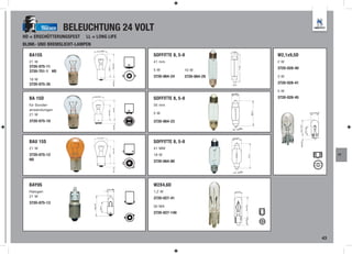 TRUCKER   BELEUCHTUNG 24 VOLT
HD = ERSCHÜTTERUNGSFEST   LL = LONG LIFE
BLINK- UND BREMSLICHT-LAMPEN
                                                                        11 max.


  BA15S                                    SOFFITTE 8, 5-8                                  W2,1x9,5D
  21 W                                     41 mm                                            2W
  3720-075-11




                                                                                  41 max.
                                           5W             10 W
                                                                                            3720-028-40
  3720-751-1 HD
                                           3720-064-24    3720-064-29                       3W
  18 W
  3720-075-35                                                                               3720-028-41




                                                                          3,5
                                                                                            5W

  BA 15D                                   SOFFITTE 8, 5-8                                  3720-028-45
  für Sonder-                              35 mm
  anwendungen
  21 W                                     5W

  3720-075-10                              3720-064-23




  BAU 15S                                  SOFFITTE 8, 5-8
  21 W                                     41 MM
  3720-075-12                              18 W                                                                FT
  HD                                       3720-064-80




  BAY9S                                    W2X4,6D
  Halogen                                  1,2 W
  21 W                                     3720-027-41
  3720-075-13
                                           30 MA
                                           3720-027-140




                                                                                                          43
 