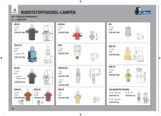 KUNSTSTOFFSOCKEL-LAMPEN                                                                                                                            TRUCKER

HD = ERSCHÜTTERUNGSFEST
LL = LONG LIFE

     B8,3D                                BX8,4D                                                       B9
     1,2 W                                1,5 W                                                        2,4 W
     grau                                 rot                                                          weiß
     3720-027-404                         3720-027-602                5                                3720-027-603




                                                                                                                                                                 2,5 cm
                                                                                17,5




     EBS R11                              B29
                                                                                                       EBS R4
     1,2 W                                1,7 W
                                                                                                       1,2 W
     grün                                 weiß




                                                                                                                                                17 max.
                                                                                                       gelb
     - passend f. Volvo                   3720-027-604
                                                                                                       3720-027-605




                                                                                 3,4 cm




                                                                                                                                    3,5 ± 0,5
     3720-027-420

                                                                                                                                                          11,95 max.



                                                                                                       EBS N7
     B8,5D                                KW2X4,6D                                                                                                11,95 max.
                                                                                                       1,6 W




                                                                                          14,5 ± 0,5
                                                                                                                                                   5,7 max.
     1,2 W                                1W




                                                         19,0 ± 0,5
                                                                                                       gelb




                                                                                                                                                                          11 max. 10,5 max.
     grau                                 weiß




                                                                                  1,5
                                                                                                       3720-027-607
     - passend f.                         3720-027-606
       Fahrtenschreiber
                                                                          4,6
                                          1,2 W
     3720-027-419                         matt                            5,0

                                          3720-027-609

     BX8,5D               BX8,7D          EBS-N                                                        HALOGENSTIFTSOCKEL
     1,2 W                1,2 W           3W                                                           35 W | Gy 6,35   20 W | G4
     braun                braun           gelb                                                         3720-072-10      3720-072-30
     3720-027-600         3720-027-601    3720-027-608                                2 cm
                                                                                                       20 W | Gy 6,35
           20




                                                                                                       3720-072-20
                                   23,5




                  8


44
 