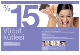 15
  40           Dış Beslenme |	Giriş                                                                                                                                                                            41




%

Vücut                                                            Sağlıkla ışıldayan cilt
                                                                 Cilt her zaman insanların sizde fark ettikleri ilk şeydir!
                                                                 Herbalife, besin maddeleriyle ilgili bilgisini daha sağlıklı bir görünüm elde etmek için ortaya koydu ve Dış Beslenme




kütlesi
                                                                 Serisi’ni geliştirdi.
                                                                 • NouriFusion® la cildinizi besleyin
                                                                 • Gençliğinizi Skin Activator™ ‘la harekete geçirin
                                                                 • Radiant C™ ’yle ışıldayın
                                                                 • Herbal Aloe ‘yle tüm aile için ışıldayan saçlar
                                                                 • İki aşamalı Body Contouring Crème ve Body Buffing Scrub ile ipeksi, yumuşak bir ten kazanın
                                                                 Antioksidan, aloe vera ve glukosamin kompleksi içeren maddelere sahip ürünlerle, Herbalife® Dış Beslenme serisi
                                                                 baştan ayağa sizin ve ailenizin cildini besler!

                                                                     Yaş 18-35 +              Yaş 25-45 +               Yaş 35-55 +                 Yaş 55 +


    Bunları biliyor musunuz?
    Vücut kütlesinin %15’ini oluşturan cilt, yabancı madde ve
    organizmaların istilasına karşı ilk koruyucu kalkan olarak
    fonksiyon gösterir.*

                                                                   NouriFusion® (temel cilt bakımı)

                                                                                           Radiant C™ (cilt ferahlatıcılar)

	 *	Dünya	Sağlık	Örgütü	                                                                   Skin Activator™ (genç görünüm)


                              30 yıldır yaşamları değiştiriyor          Herbalife ve ürünleriyle ilgili daha fazla bilgi için www.herbalife.com.tr’yi ziyaret edebilir ya da Distribütörünüzle temasa geçebilirsiniz
 