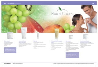 48          Dış Beslenme |	Nourifusion ®	                                                                                                                                                                                                                                                        49




Gece Kremi                                       Arındırıcı Maske                                   Göz Jeli                                      Peeling Etkili Temizleyici                        Göz Kremi                                          Nemlendirici Maske
•		 ilt	yenilenmesini	destekler
  C                                              Normal-Yağlı	Ciltler                               •		 öz	altı	torbalarının	azalmasına	
                                                                                                      G                                           Krem                                              •		 ormülü	yağ	içermez
                                                                                                                                                                                                      F                                                Normal’den	kuruya	her	cilt	tipi
•		 erinlemesine	nemlendirir
  D                                              •		 iltteki	aşırı	yağı	gidermeye	yardımcı	olur
                                                   C                                                  yardımcı	olur                               •		 ildi	ölü	hücrelerden	hassas	bir	şekilde	
                                                                                                                                                    C                                               •		 öz	etrafındaki	cildin	sıkılığının	artmasına	
                                                                                                                                                                                                      G                                                •		 ildinizi	nemlendirerek	düzgün	ve	ipeksi	bir	
                                                                                                                                                                                                                                                         C
•		 ağlı	cilt	hissi	vermez
  Y                                                                                                 •		 orgun	gözlerin	görünümünü	canlandırır	
                                                                                                      Y                                             arındırır                                         yardımcı	olur.                                     görünüm	kazandırır	
                                                 •		 ilt	dokusunun,	cilt	renginin	ve	sıkılığının	
                                                   C
                                                   artmasına	yardımcı	olur                            ve	tazeler                                  •		 ildi	ferahlatır,	yumuşatır	ve	pürüzsüz	
                                                                                                                                                    C                                               •		nce	çizgilerin	görünümünü	azaltmaya	
                                                                                                                                                                                                      İ                                                •		 uru	cilt	görünümünü	azaltmaya	
                                                                                                                                                                                                                                                         K
50ml #2516
                                                                                                    •		nce	çizgi	ve	kırışıklıkların	görünümünü	
                                                                                                      İ                                             hale	getirir                                      yardımcı	olur                                      yardımcı	olur
                                                 125ml #2519
                                                                                                      azaltır                                     •		 emiz	görünümlü	bir	cilde	sahip	
                                                                                                                                                    T                                               •		 öz	altı	bölgesini	nemlendirerek	besler
                                                                                                                                                                                                      G                                                125ml #2520
  Ek Bilgiler                                                                                       15ml #2518                                      olmanızı	sağlar                                 •		 ün	boyunca	veya	geceleri	kullanıldığında	
                                                                                                                                                                                                      G
  Cilt hücreleri kendilerini vücuttaki                                                                                                            100ml #2521                                         makyaj	altındaki	cildi	güzelleştirir
  diğer hücrelerden daha hızlı yeniler                                                                                                                                                              15ml #2517
  ve kendiliğinden onarımın büyük bir
  bölümünü geceleri yapar.
                                                                                                                                                                                                      Ek Bilgi
                                                                                                                                                                                                      Göz altındaki deri hassas ve yağ
                                                                                                                                                                                                      içermeyen bezlere sahip olduğu için
                                                                                                                                                                                                      yaşlanma belirtilerini ilk gösteren
                                                                                                                                                                                                      bölgelerden biridir.




                              30 yıldır yaşamları değiştiriyor                                                                                            Herbalife ve ürünleriyle ilgili daha fazla bilgi için www.herbalife.com.tr’yi ziyaret edebilir ya da Distribütörünüzle temasa geçebilirsiniz
 