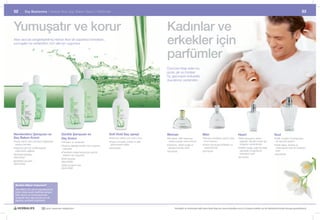52          Dış Beslenme |	Herbal	Aloe	Saç	Bakım	Serisi	|	 Parfümler
                                                         	                                                                                                                                                                                                                            53



Yumuşatır ve korur                                                                                                                     Kadınlar ve
Aloe	vera’yla	zenginleştirilmiş	Herbal	Aloe’yle	saçlarınızı	temizleyin,	
yumuşatın	ve	canlandırın;	tüm	aile	için	uygundur.                                                                                      erkekler için
                                                                                                                                       parfümler
                                                                                                                                       Özünüze	hitap	eden	bu	
                                                                                                                                       güzel,	şık	ve	modası	
                                                                                                                                       hiç	geçmeyen	kokularla	
                                                                                                                                       duyularınızı	canlandırın.




Nemlendirici Şampuan ve                           Günlük Şampuan ve                            Soft Hold Saç spreyi                    Woman                                Man                                   Heart                                 Soul
Saç Bakım Kremi                                   Saç Kremi                                    •		 açınızın	şeklini	uzun	süre	korur
                                                                                                 S                                     •		 ir	klasik,	hafif	narenciye	
                                                                                                                                         B               	                  •		 odern	erkeklerin	seçimi;	taze	
                                                                                                                                                                              M                                   •		 itki	dünyasının	sihrini	
                                                                                                                                                                                                                    B                                   •		 afif,	modern	ve	tartışmasız	
                                                                                                                                                                                                                                                          H 	
•		 aça	nemin	nüfuz	etmesini	sağlayarak	
  S                                               •		 emizler	ve	canlandırır
                                                    T                                          •		 açın	yumuşak,	parlak	ve	ışıltılı	
                                                                                                 S                                       üzerine	yayılan	çiçek	kokusu         limon	kokusu                          keşfedin.	Modern	kadın	için	          bir	biçimde	erkeksi
  nazikçe	temizler.                                                                              görünmesini	sağlar                    •		 asemin,	nilüfer	çiçeği	ve	
                                                                                                                                         Y                                  •		 ane	kokusuyla	ferahlatıcı	ve	
                                                                                                                                                                              N                                     doğadan	esinlenilmiştir             •		 edir	ağacı,	lavanta	ve	
                                                                                                                                                                                                                                                          S
                                                  •		 açınızı	ağırlaştırmadan	nemi	saçınıza	
                                                    S
•		 açınıza	yeni	bir	canlılık	katarak	
  S                                                 hapseder	                                  200ml #0459                               şakayık	kokuları	içerir              canlandırıcıdır.                    •		 ilüfer	çiçeği,	yeşil	sarmaşık	
                                                                                                                                                                                                                    N                                     narenciyenin	taze	bir	karışımını	
  parlamasını	sağlayın                                                                                                                 50ml #0343                           50ml #0344                              yaprakları	ve	gardenya	               içerir
                                                  •		 erahlatıcı	doğal	kokusuyla,	günlük	
                                                    F
Nemlendirici Şampuan                                                                                                                                                                                                esanslarını	içerir                  100ml #2328
                                                    kullanım	için	uygundur
300ml #0457                                                                                                                                                                                                       50ml #2329
                                                  Günlük Şampuan
Nemlendirici saç kremi                            500ml #0489
300ml #0458
                                                  Günlük saç bakım kremi
                                                  500ml #0490




 Bunları biliyor musunuz?
 Aloe bitkisi, özü, jeli ve yapraklarıyla bir
 bütün olarak yararlı özelliklere sahiptir.
 Bitki vitamin ve mineral açısından
 zengindir. Hem ağız yoluyla hem de
 dışardan sürülerek kullanılabilir.


                               30 yıldır yaşamları değiştiriyor                                                                                Herbalife ve ürünleriyle ilgili daha fazla bilgi için www.herbalife.com.tr’yi ziyaret edebilir ya da Distribütörünüzle temasa geçebilirsiniz
 