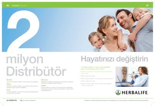 2
58         Herbalife	|	İş	Fırsatı                                                                                                                                                                                                                                                          59




milyon                                                                                                                                       Hayatınızı değiştirin
Distribütör
                                                                                                                                             72	ülkede	yaklaşık	2	milyon	insan	Herbalife’ı	
                                                                                                                                             seçti,	siz	de	seçmeye	hazır	mısınız?
                                                                                                                                             Bağımsız	bir	Herbalife	Distribütörü	olarak	beklentileriniz	
                                                                                                                                             şunlar	olabilir:
                                                                                                                                             •	Sınırsız	gelir	potansiyeli
                                                                                                                                             •	Esnek	çalışma	saatleri;	tam	zamanlı	ya	da	yarı	zamanlı
Biz kimiz                                                             Kişiye özel
Dünyanın	önde	gelen	beslenme	ve	kilo	kontrol	ürünleri	şirketi.        Müşterilerin	kendilerine	özel	ihtiyaçlarına	odaklanıp,	amaçlarına	
                                                                                                                                             •	Evden	çalışma	olanağı
                                                                      ulaşmaları	için	gereken	dikkati	gösteriyor.                            •		 yrıca	insanların	daha	aktif	bir	hayata	kavuşmalarına	
                                                                                                                                               A
Global
Altı	kıtada	72	ülkede	Yaklaşık	2	milyon	kişinin	dahil	olduğu	bir	     Yenilikçi                                                                yardımcı	olma	fırsatı
Distribütör	ağı	ile	yaşamları	değiştiriyor.                           Dünyaca	tanınmış	uzmanlar	ve	bilim	adamlarının	destekleriyle	
                                                                      önde	gelen	kilo	kontrol	ürünleri,	gıda	takviyeleri	ve	kişisel	bakım	
Fırsat                                                                ürünleri	geliştiriyoruz.
İnsanlara	hayallerini,	amaçlarını	ve	arzularını	gerçekleştirmeleri	
için	güç	katan	bir	iş	fırsatı.




                            30 yıldır yaşamları değiştiriyor                                                                                        Herbalife ve ürünleriyle ilgili daha fazla bilgi için www.herbalife.com.tr’yi ziyaret edebilir ya da Distribütörünüzle temasa geçebilirsiniz
 