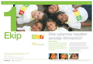 1
62       Herbalife	|	HFF                                                                                                                                                                                         63




Ekip                                                                 Ekip çalışması hayalleri
                                                                     gerçeğe dönüştürür!
                                                                     Sosyal Sorumluluk
                                                                                                                                             Herbalife	Aile	Vakfı’nın	(HFF)	Casa	Herbalife	programı,	
                                                                     Mark	Hughes	tarafından	kurulan	Herbalife	Aile	
                                                                                                                                             çocukların	yaşamlarını	değiştiren,	var	olan	hayırsever	
                                                                     Vakfı	(HFF)	yardıma	muhtaç	çocuklara	sağlıklı	                          örgütleri	desteklemek	amacıyla	2005’de	kurulmuştur.	
                                                                     beslenme	imkanları	sunan	kuruluşlara	destek	                            Bugün,	50	Casa	Herbalife	Programı	bulunmaktadır.	
                                                                     olarak	çocukların	yaşamlarını	geliştirmeye	                             HFF,	Herbalife	Bağımsız	Distribütörleri,	çalışanları	ve	onların	
                                                                     kendini	adamıştır.	Ayrıca,	HFF	doğal	felaketlere	                       arkadaşları	tarafından	desteklenmektedir.	Size	yakın	HFF	ve	
                                                                     uğrayan	ülkeler	için	de	yardım	kampanyaları	                            Casa	Herbalife	programlarıyla	ilgili	daha	fazla	bilgi	almak	için	
                                                                     düzenlemektedir.                                                        online	sitemizi	ziyaret	edebilirsiniz:	
                                                                                                                                             HerbalifeFamilyFoundation.org


Türkiye’deki	Casa	Herbalife	Projesi’ni	desteklemek,	çocuklar	için	
bir	şeyler	yapmak	istiyorsanız,	şimdi	hareket	zamanı!
Acil İhtiyaç Projesi Vakfı
Hesap	No:	Türkiye	İş	Bankası	Sofular	Şubesi	(1175)234570	
www.aipvakfi.org	I	info@aipvakfi.org	I	aipvakfi@atlas.net.tr

                       30 yıldır yaşamları değiştiriyor                   Herbalife ve ürünleriyle ilgili daha fazla bilgi için www.herbalife.com.tr’yi ziyaret edebilir ya da Distribütörünüzle temasa geçebilirsiniz
 