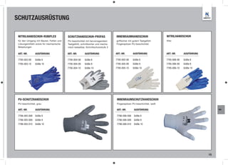 SCHUTZAUSRÜSTUNG

 NITRILHANDSCHUH-RUBIFLEX                SCHUTZHANDSCHUH-PROFAS                  INNENRAUMHANDSCHUH                   NITRILHANDSCHUH
 für den Umgang mit Säuren, Fetten und   PU-beschichtet mit hervorragendem       griffsicher mit gutem Tastgefühl     blau
 Lösungsmitteln sowie für mechanische    Tastgefühl, schnittsicher und mecha-    Fingerspitzen PU-beschichtet
 Belastungen                             nisch belastbar, Schnittschutzstufe 3

 ART.-NR.       AUSFÜHRUNG               ART.-NR.       AUSFÜHRUNG               ART.-NR.       AUSFÜHRUNG            ART.-NR.      AUSFÜHRUNG

 7795-003-09    Größe 9                  7795-004-08    Größe 8                  7795-005-08    Größe 8               7795-006-08   Größe 8
 7795-003-10    Größe 10                 7795-004-09    Größe 9                  7795-005-09    Größe 9               7795-006-09   Größe 9
                                         7795-004-10    Größe 10                 7795-005-10    Größe 10              7795-006-10   Größe 10




 PU-SCHUTZHANDSCHUH                                                              INNENRAUMSCHUTZHANDSCHUH
 PU-beschichtet, grau                                                            Fingerspitzen PU-beschichtet, weiß

 ART.-NR.       AUSFÜHRUNG                                                       ART.-NR.        AUSFÜHRUNG                                           WA


 7796-005-008   Größe 8                                                          7796-006-008    Größe 8
 7796-005-009   Größe 9                                                          7796-006-009    Größe 9
 7796-005-010   Größe 10                                                         7796-006-010    Größe 10




                                                                                                                                                 15
 
