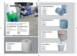 REINIGUNG                                                           REINIGUNGSPAPIERROLLE
                                                                                     2-lagig
                                                                                     1000 Abrisse
                                                                                     7875-502
                                                                                     22 x 38 cm
                                                                                     7875-503
                                                                                     36 x 38 cm




                                                                                    REINIGUNGSPAPIERROLLE
                                                                                    3-lagig
                                                                                    1000 Abrisse
    - ca. 50 % weniger Verbrauch, ca. 50 % Gewichtsersparnis
                                                                                    7875-504
    - nimmt kein Wasser auf und ist schwimmfähig                                    38 x 35 cm
    OIL-CATCHER INDOOR                      OIL-CATCHER OUTDOOR
    Ölbindemittel                           Ölbindemittel

    Ideal für den Innenbereich, da leicht   Ideal für den Aussenbereich, da keine
    aufzunehmen!                            Verwehung durch hohes Eigengewicht!

    7874-50                                 7874-40                                 FASERVLIES-PUTZTUCH
    50 Liter                                40 Liter                                perforiert
                                                                                    400 Abrisse
                                                                                    7875-5
                                                                                    29 x 39 cm




     VLIESTUCHROLLE                                                                 ZELLSTOFFROLLE
     perforiert
                                                                                    2-lagig
     400 Abrisse
                                                                                    600 Abrisse
     7875-500
                                                                                    7875-1
     29 x 38 cm
                                                                                    27 x 40 cm


2
 