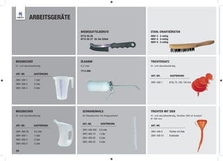 ARBEITSGERÄTE

                              BREMSSATTELBÜRSTE                 STAHL-DRAHTBÜRSTEN
                              8715-55-26                        4697-3 3-reihig
                              8715-55-27 für Alu Sättel         4697-4 4-reihig
                                                                4697-5 5-reihig




MESSBECHER                    ÖLKANNE                           TRICHTERSATZ
öl- und säurebeständig        0,2 Liter                         öl- und säurebeständig

                              7713-000
ART.-NR.        AUSFÜHRUNG
                                                                ART.-NR.          AUSFÜHRUNG
2891-300-1      1 Liter
                                                                2891-500-1        Ø 50, 75, 100, 120 mm
2891-300-2      2 Liter
2891-300-5      5 Liter




MESSBECHER                     SCHWANENHALS                     TRICHTER MIT SIEB
öl- und säurebeständig         für Messbecher mit Ausgusshahn   öl- und säurebeständig, flexibler 300 ml Auslauf
                                                                Ø 160 mm

                               ART.-NR.         AUSFÜHRUNG
ART.-NR.        AUSFÜHRUNG                                      ART.-NR.
                               2891-400-050   0,5 Liter
2891-400-05     0,5 Liter                                       2891-500-5        Trichter mit Sieb
                               2891-400-10    1 Liter
2891-400-1      1 Liter                                         2891-500-51       Ersatzsieb
                               2891-400-20    2 Liter
2891-400-2      2 Liter
                               2891-400-30    3 Liter
2891-400-3      3 Liter

24
 