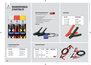 MARKIERUNGS/
            STARTHILFE
                                           ÜBERSPANNUNGSSCHUTZ                            NEU!              LADEZANGE
                                           zum Schweißen 12/24 Volt

                                           - unterdrückt Spannungsspitzen                                    ART.-NR.          AUSFÜHRUNG
                                           - LED-Anschlussanzeige
                                           - kein Batterieabklemmen während des Schweißens                   7771-16-200       rot 200 A
                                           - kein Neuprogrammieren von Radio, Uhr, etc.                      7771-16-201       schwarz 200 A
                                           - erhebliche Zeitersparnis                                        7771-35-600       rot 600 A
                                           4982-500                                                          7771-35-601       schwarz 600 A




     MARKIERUNGSSPRAY                      STARTHILFEKABEL
     Markierung, 500 ml


     ART.-NR.             AUSFÜHRUNG       ART.-NR.          Ø / mm²        LÄNGE         ABBILDUNG     1
     2893-886-1           weiß | VPE: 15   7771-16            16            3,0 m         2
     2893-886-2           rot | VPE: 15    7771-35            35            4,5 m         1
     2893-886-4           gelb | VPE: 15   mit Überspannungsschutz
                                                                                                                           2
                                           7771-50            50            5,0 m         2      NEU!




26
 
