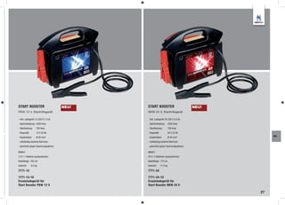 START BOOSTER                        NEU!   START BOOSTER                         NEU!
PKW 12 V, Starthilfegerät                   NKW 24 V, Starthilfegerät

- Inkl. Ladegerät 12-220 V (1.5 A)          - Inkl. Ladegerät 24-220 V (2.0 A)
- Spitzenleistung: 2200 Amp                 - Spitzenleistung:       2200 Amp
- Startleistung:    700 Amp                 - Startleistung:         700 Amp
- Kapazität:        12 V 22 Ah              - Kapazität:             24 V 22 Ah
- Kupferkabel:      Ø 28 mm²                - Kupferkabel:           Ø 50 mm²                 WA

- vollständig isolierte Klemmen             - vollständig isolierte Klemmen
- geschützt gegen Spannungsspitzen          - geschützt gegen Spannungsspitzen

INHALT:                                     INHALT:
12 V | 1 Batterie (auslaufsicher)           24 V | 2 Batterien (auslaufsicher)
Kabellänge: 182 cm                          Kabellänge: 175 cm
Gewicht:       8,3 kg                       Gewicht:       17,5 kg

7771-12                                     7771-24

7771-12-10                                  7771-24-10
Ersatzladegerät für                         Ersatzladegerät für
Start Booster PKW 12 V                      Start Booster NKW 24 V

                                                                                         27
 