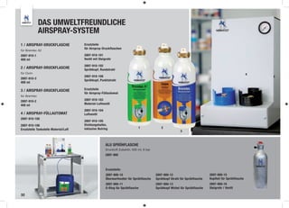 DAS UMWELTFREUNDLICHE
              AIRSPRAY-SYSTEM
1 / AIRSPRAY-DRUCKFLASCHE              Ersatzteile
                                       für Airspray-Druckflaschen
für Bremtec A2
2897-910-1                             2897-910-101
400 ml                                 Ventil mit Steigrohr

                                       2897-910-102
2 / AIRSPRAY-DRUCKFLASCHE              Sprühkopf, Rundstrahl
für Oxim                                                                                                                                                 4
                                       2897-910-108
2897-910-3
                                       Sprühkopf, Punktstrahl
400 ml

3 / AIRSPRAY-DRUCKFLASCHE              Ersatzteile
                                       für Airspray-Füllautomat
für Bremtec
2897-910-2                             2897-910-103
400 ml                                 Material-Luftventil

                                       2897-910-104
4 / AIRSPRAY-FÜLLAUTOMAT               Luftventil
2897-910-100
                                       2897-910-105
2897-910-106                           Dichtungshalter,
                                       inklusive Nutring                     1              2
Ersatzteile Tankstelle Material/Luft
                                                                                                          3



                                                      ALU SPRÜHFLASCHE
                                                      Druckluft Zubehör, 500 ml, 8 bar
                                                      2897-900



                                                       Ersatzteile:
                                                       2897-900-10                       2897-900-12                         2897-900-15
                                                       Überwurfmutter für Sprühflasche   Sprühkopf Strahl für Sprühflasche   Kopfteil für Sprühflasche
                                                       2897-900-11                       2897-900-13                         2897-900-16
                                                       O-Ring für Sprühflasche           Sprühkopf Wirbel für Sprühflasche   Steigrohr / Ventil

32
 