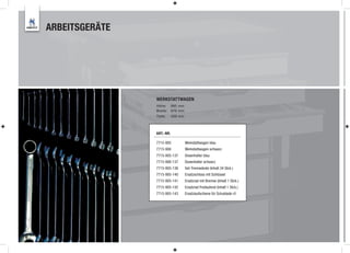 ARBEITSGERÄTE




                    WERKSTATTWAGEN
                    Höhe: 995 mm
                    Breite: 676 mm
                    Tiefe:     459 mm



                    ART.-NR.

                    7715-905            Werkstattwagen blau
                    7715-906            Werkstattwagen schwarz
                    7715-905-137        Dosenhalter blau
                    7715-906-137        Dosenhalter schwarz
                    7715-905-138        Set-Trennwände (Inhalt 34 Stck.)
                    7715-905-140        Ersatzschloss mit Schlüssel
                    7715-905-141        Ersatzrad mit Bremse (Inhalt 1 Stck.)
                    7715-905-142        Ersatzrad Freilaufend (Inhalt 1 Stck.)
                    7715-905-143        Ersatzlaufschiene für Schublade r/l




6
 