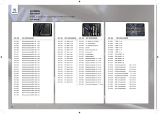 WERKZEUG
                             SORTIMENT
                             8-teilig, 3 Schubladen (passend für 7715-905 und 7715-906)
                             7715-905-90




    ART.-NR.   ART.-BEZEICHNUNG                                  ART.-NR.   ART.-BEZEICHNUNG   ART.-NR.   ART.-BEZEICHNUNG                       ART.-NR.      ART.-BEZEICHNUNG

    8716-065   Ringmaulschlüssel (DIN3113) 6 mm                  8716-024   1/2“ NUSS 10 mm    8716-044   1/2“ Ratsche mit 72 Zähnen             8716-001   T-GRIFF 2.5 mm
    8716-066   Ringmaulschlüssel (DIN3113) 7 mm                  8716-025   1/2“ NUSS 11 mm    8716-045   1/2“ Universalgelenk                   8716-002   T-GRIFF 3.0 mm
    8716-067   Ringmaulschlüssel (DIN3113) 8 mm                  8716-026   1/2“ NUSS 12 mm    8716-046   1/2“ Verlängerung 250 mm               8716-003   T-GRIFF 4.0 mm
    8716-068   Ringmaulschlüssel (DIN3113) 9 mm                  8716-027   1/2“ NUSS 13 mm    8716-047   Hammer                                 8716-004   T-GRIFF 5.0 mm
    8716-069   Ringmaulschlüssel (DIN3113) 10 mm                 8716-028   1/2“ NUSS 14 mm    8716-048   Wasserpumpenzange 10“                  8716-005   T-GRIFF 6.0 mm
    8716-070   Ringmaulschlüssel (DIN3113) 11 mm                 8716-029   1/2“ Nuss 15 mm    8716-049   Kombizange 7“                          8716-006   T-GRIFF 8.0 mm
    8716-071   Ringmaulschlüssel (DIN3113) 12 mm                 8716-030   1/2“ Nuss 16 mm    8716-050   Schnabelzange 6“                       8716-007   TORX-DREHER T 10
    8716-072   Ringmaulschlüssel (DIN3113) 13 mm                 8716-031   1/2“ Nuss 17 mm    8716-051   Seitenschneider 6“                     8716-008   TORX-DREHER T 15
    8716-073   Ringmaulschlüssel (DIN3113) 14 mm                 8716-032   1/2“ Nuss 18 mm    8716-052   Doppelmaulschlüssel 6 x 7 mm           8716-009   TORX-DREHER T 20
    8716-074   Ringmaulschlüssel (DIN3113) 15 mm                 8716-033   1/2“ Nuss 19 mm    8716-053   Doppelmaulschlüssel 8 x 9 mm           8716-010   TORX-DREHER T 25
    8716-075   Ringmaulschlüssel (DIN3113) 16 mm                 8716-034   1/2“ Nuss 20 mm    8716-054   Doppelmaulschlüssel 10 x 11 mm         8716-011   TORX-DREHER T 30
    8716-076   Ringmaulschlüssel (DIN3113) 17 mm                 8716-035   1/2“ Nuss 21 mm    8716-055   Doppelmaulschlüssel 12 x 13 mm         8716-012   Schlitzschraubendreher         3.0 x 75 mm
    8716-077   Ringmaulschlüssel (DIN3113) 18 mm                 8716-036   1/2“ Nuss 22 mm    8716-056   Doppelmaulschlüssel 14 x 15 mm         8716-013   Schlitzschraubendreher         4.0 x 100 mm
    8716-078   Ringmaulschlüssel (DIN3113) 19 mm                 8716-037   1/2“ Nuss 23 mm    8716-057   Doppelmaulschlüssel 16 x 17 mm         8716-014   Schlitzschraubendreher         5.5 x 125 mm
    8716-079   Ringmaulschlüssel (DIN3113) 20 mm                 8716-038   1/2“ Nuss 24 mm    8716-058   Doppelmaulschlüssel 18 x 19 mm         8716-015   Schlitzschraubendreher         6.5 x 150 mm
    8716-080   Ringmaulschlüssel (DIN3113) 21 mm                 8716-039   1/2“ Nuss 26 mm    8716-059   Doppelmaulschlüssel 20 x 22 mm         8716-016   Kreuzschlitzschraubendreher     1 x 75 mm
    8716-081   Ringmaulschlüssel (DIN3113) 22 mm                 8716-040   1/2“ Nuss 27 mm    8716-060   Doppelmaulschlüssel 21 x 23 mm         8716-017   Kreuzschlitzschraubendreher     2 x 100 mm
    8716-082   Ringmaulschlüssel (DIN3113) 23 mm                 8716-041   1/2“ Nuss 28 mm    8716-061   Doppelmaulschlüssel 24 x 27 mm         8716-018   TORX-Schraubendreher          T 10 x 100 mm
    8716-083   Ringmaulschlüssel (DIN3113) 24 mm                 8716-042   1/2“ Nuss 30 mm    8716-062   Doppelmaulschlüssel 25 x 28 mm         8716-019   TORX-Schraubendreher          T 15 x 100 mm
    8716-084   Ringmaulschlüssel (DIN3113) 25 mm                 8716-043   1/2“ Nuss 32 mm    8716-063   Doppelmaulschlüssel 30 x 32 mm         8716-020   TORX-Schraubendreher          T 20 x 100 mm
    8716-085   Ringmaulschlüssel (DIN3113) 26 mm                                               8716-064   9-tlg. Inbus-Schlüsselsatz 1.5-10 mm   8716-021   TORX-Schraubendreher          T 25 x 100 mm
    8716-086   Ringmaulschlüssel (DIN3113) 27 mm                                                                                                 8716-022   TORX-Schraubendreher          T 30 x 150 mm
    8716-087   Ringmaulschlüssel (DIN3113) 28 mm                                                                                                 8716-023   TORX-Schraubendreher          T 40 x 150 mm
    8716-088   Ringmaulschlüssel (DIN3113) 29 mm
    8716-089   Ringmaulschlüssel (DIN3113) 30 mm
    8716-090   Ringmaulschlüssel (DIN3113) 32 mm




8
 