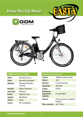 www.basta-prelog.hr 11
Power Plus City Mover
Okvir Aluminij, 45 cm
Vilice Aluminij, amortizer
Mjenjač Shimano Derailler,
7 brzina
Kočnice Tektro,V-kočnice
Upravljač Aluminij
Ručke Superior Grip
Sjedalo Velo Plush
Električne komponente
Sistem Pedalec, bicikl, motor
Motor 36 V
Baterija Li-Io, Panasonic
Kapacitet 36V 9Ah
Snaga 250 W
Pokazivač
kapaciteta
baterija
na upravljaču
Domet 45 km (ovisno o uvjetima
vožnje)
Max. nosivost do 110 kg
POWER PLUS CITY MOVER
Težina 24 kg
Gume 28“ sa zaštitom
 