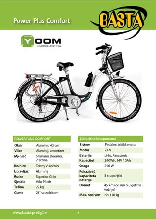 www.basta-prelog.hr 9
Power Plus Comfort
Okvir Aluminij, 43 cm
Vilice Aluminij, amortizer
Mjenjač Shimano Derailler,
7 brzina
Kočnice Tektro,V-kočnice
Upravljač Aluminij
Ručke Superior Grip
Sjedalo Velo Plush
Električne komponente
Sistem Pedalec, bicikl, motor
Motor 24 V
Baterija Li-Io, Panasonic
Kapacitet 240Wh, 24V 10Ah
Snaga 250 W
Pokazivač
kapaciteta
baterija
3 stupanjski
Domet 45 km (ovisno o uvjetima
vožnje)
Max. nosivost do 110 kg
POWER PLUS COMFORT
Težina 27 kg
Gume 26“ sa zaštitom
 