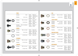 IW




FORD                                                                          KIA
Ø Dichtring                         16 mm    ART.-NR.       6464-16-24        Ø Schraube    M14 x 1,5 x 13 mm   ART.-NR.    6240-014-15
                                             Original-Nr.   1005578/6157668                                     Original-Nr. 251221010
Ø Dichtring                 14 x 22 x 2 mm   ART.-NR.       6464-14-22        Ø Dichtring    14 x 19 x 2,2 mm   ART.-NR.    6464-14-19
                                             Original-Nr.   1454118                                             Original-Nr. 2151321000

Ø Schraube               M14 x 1,5 x 21 mm   ART.-NR.       6243-14-159       LAND-ROVER
                                             Original-Nr.   1013938           Ø Schraube    M14 x 1,5 x 16 mm   ART.-NR.    6243-14-15
Ø Dichtring               13 x 22 x 3,0 mm   ART.-NR.       6464-128-225      Ø Schraube         14 x 1,5 mm    ART.-NR.    6243-014-15
                                             Original-Nr.   1005593           Ø Dichtring    16 x 24 x 2,5 mm   ART.-NR.    6464-16-24
Ø Schraube            M12 x 1,75 x 28,5 mm   ART.-NR.       6243-012-15
inklusive Dichtring                          Original-Nr. 3051079             MAZDA
                                                                              Ø Schraube    M14 x 1,5 x 10 mm   ART.-NR.   6240-140-15
HONDA                                                                                                           Original-Nr. HE03-10-404
Ø Schraube               M14 x 1,5 x 10 mm   ART.-NR.       6240-14-015       Ø Dichtring    14 x 20 x 1,5 mm   ART.-NR.   6460-14-20
                                             Original-Nr. 90009-PH1-000                                         Original-Nr. 9956-41-400
Ø Dichtring                 14 x 22 x 2 mm   ART.-NR.       6464-114-22       MECEDES BENZ
                                             Original-Nr. 94109-14000
                                                                              Ø Schraube    M14 x 1,5 x 24 mm   ART.-NR.    6242-14-15
Ø Dichtring               20 x 29 x 2,5 mm   ART.-NR.       6464-120-29                                         Original-Nr. 6019970230
                                                                              Ø Dichtring    14 x 20 x 1,5 mm   ART.-NR.    6460-14-20
                                                                                                                Original-Nr. 007603014106
HYUNDAI
                                                                              Ø Schraube    M12 x 1,5 x 12 mm   ART.-NR.    6241-12-15
Ø Schraube              M14 x 1,5 x 13 mm    ART.-NR.       6240-014-15
                                                                                                                Original-Nr. 29973430
                                             Original-Nr. 215-21000
                                                                              Ø Dichtring    12 x 17 x 1,5 mm   ART.-NR.    6464-014-15
Ø Dichtring               14 x 19 x 2,2 mm   ART.-NR.       6464-14-19
                                                                                                                Original-Nr. 007603012110
                                             Original-Nr. 21513-21000
JAGUAR                                                                        MITSUBISHI
Ø Schraube              M14 x 1,5 x 21 mm    ART.-NR.       6243-14-159       Ø Schraube    M14 x 1,5 x 13 mm   ART.-NR.   6240-014-15
                                             Original-Nr.   JHZ100062                                           Original-Nr. MD050316
Ø Dichtring               13 x 22,5 x 3 mm   ART.-NR.       6464-128-225      Ø Dichtring    14 x 19 x 2,2 mm   ART.-NR.   6464-14-19
                                                                                                                Original-Nr. MD050317



                                                                                                                                           17
 