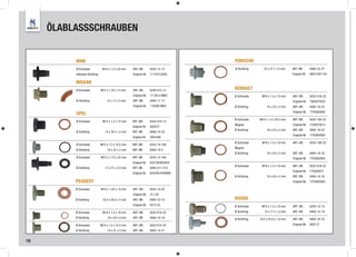 ÖLABLASSSCHRAUBEN


          MINI                                                                        PORSCHE
          Ø Schraube             M14 x 1,5 x 20 mm    ART.-NR.       6242-12-15       Ø Dichtring      22 x 27 x 1,5 mm    ART.-NR.       6460-22-27
          inklusive Dichtring                         Original-Nr.   11137513050                                           Original-Nr.   90012301120

          NISSAN
          Ø Schraube            M12 x 1,25 x 13 mm    ART.-NR.       6240-012-15      RENAULT
                                                      Original-Nr.   11128-01M05      Ø Schraube     M16 x 1,5 x 13 mm     ART.-NR.       6243-016-22
          Ø Dichtring               12 x 17 x 3 mm    ART.-NR.       6464-11-17                                            Original-Nr.   7903075033
                                                      Original-Nr.   1102601M02       Ø Dichtring        16 x 22 x 2 mm    ART.-NR.       6462-16-22
                                                                                                                           Original-Nr.   7703062062
          OPEL
                                                                                      Ø Schraube    M16 x 1,5 x 20,5 mm    ART.-NR.       6243-160-22
          Ø Schraube             M14 x 1,5 x 12 mm    ART.-NR.       6242-014-15
                                                                                      Magnet                               Original-Nr.   7703075012
                                                      Original-Nr.   652475
                                                                                      Ø Dichtring        16 x 22 x 2 mm    ART.-NR.       6462-16-22
          Ø Dichtring              14 x 20 x 1,5 mm   ART.-NR.       6460-14-20
                                                                                                                           Original-Nr.   7703062062
                                                      Original-Nr.   2091046
                                                                                      Ø Schraube     M18 x 1,5 x 16 mm     ART.-NR.       6243-180-22
          Ø Schraube            M14 x 1,5 x 10.5 mm   ART.-NR.       6243-14-160
                                                                                      Magnet
          Ø Dichtring                18 x 22 x 2 mm   ART.-NR.       6464-18-2
                                                                                      Ø Dichtring        18 x 24 x 2 mm    ART.-NR.       6464-18-18
          Ø Schraube            M12 x 1,75 x 25 mm    ART.-NR.       6243-12-160                                           Original-Nr.   7703062063
                                                      Original-Nr.   652736/652454
                                                                                      Ø Schraube     M18 x 1,5 x 16 mm     ART.-NR.       6243-018-22
          Ø Dichtring              11 x 21 x 2,5 mm   ART.-NR.       6464-011-212
                                                                                                                           Original-Nr.   770305077
                                                      Original-Nr.   652526/3536966
                                                                                      Ø Dichtring        18 x 24 x 2 mm    ART.-NR.       6464-18-18
          PEUGEOT                                                                                                          Original-Nr.   7703062063

          Ø Schraube            M10 x 1,25 x 13 mm    ART.-NR.       6243-10-22
                                                      Original-Nr.   311.29
          Ø Dichtring            10,5 x 20,5 x 2 mm   ART.-NR.       6464-10-10       ROVER
                                                      Original-Nr.   0313.33          Ø Schraube     M12 x 1,5 x 18 mm     ART.-NR.       6243-12-15
          Ø Schraube             M18 x 1,5 x 16 mm    ART.-NR.       6243-018-22      Ø Dichtring      12 x 17 x 1,5 mm    ART.-NR.       6463-12-18
          Ø Dichtring                18 x 24 x 2 mm   ART.-NR.       6464-18-18       Ø Dichtring   16,5 x 25,4 x 1,6 mm   ART.-NR.       6464-16-16
          Ø Schraube            M14 x 1,5 x 12,5 mm   ART.-NR.       6243-014-22                                           Original-Nr.   AED172
          Ø Dichtring                14 x 21 x 2 mm   ART.-NR.       6462-14-21


18
 