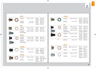 IW




SAAB                                                                     TOYOTA
Ø Schraube            M14 x 1,5 x 16 mm   ART.-NR.    6243-14-15         Ø Schraube             M12 x 1,25 x 13 mm    ART.-NR.   6240-012-15
                                          Original-Nr. 109132929                                                      Original-Nr. 90341-12012
Ø Schraube                 14 x 1,5 mm    ART.-NR.    6243-014-15        Ø Dichtring                12 x 24 x 2 mm    ART.-NR.   6464-012-242
Ø Dichtring              15 x 24 x 2 mm   ART.-NR.    6464-15-15                                                      Original-Nr. 90430-12028
                                          Original-Nr. 109132937
                                                                         VW
SEAT
                                                                         Ø Schraube              M14 x 1,5 x 12 mm    ART.-NR.    6242-014-15
Ø Schraube            M22 x 1,5 x 14 mm   ART.-NR.    6243-022-15
                                                                         Ø Dichtring               14 x 20 x 1,5 mm   ART.-NR.    6460-14-20
Ø Dichtring            22 x 27 x 1,5 mm   ART.-NR.    6460-22-27
                                                                         Ø Schraube              M14 x 1,5 x 22 mm    ART.-NR.    6243-14-161
Ø Schraube            M14 x 1,5 x 22 mm   ART.-NR.    6243-14-161
                                                                         inklusive Dichtring                          Original-Nr. N90813201
inklusive Dichtring
                                                                         Ø Schraube            M 14 x 1,5 x 17,5 mm   ART.-NR.    6240-14-151
SKODA                                                                                                                 Original-Nr. N90288901
                                                                         Ø Dichtring               14 x 20 x 1,5 mm   ART.-NR.    6460-14-20
Ø Schraube            M14x 1,5 x 12 mm    ART.-NR.    6242-014-15
                                                                                                                      Original-Nr. N0138492
Ø Dichtring            14 x 20 x 1,5 mm   ART.-NR.    6460-14-20
                                                                         Ø Dichtring                26 x 32 x 2 mm    ART.-NR.    6463-26-32
Ø Schraube            M14 x 1,5 x 22 mm   ART.-NR.    6243-14-161
inklusive Dichtring


                                                                         VOLVO
SUBARU                                                                   Ø Schraube       UNF3/4“ x 16G x 12 mm       ART.-NR.    6243-19-16
                                                                                                                      Original-Nr. 948187
Ø Schraube            M20 x 1,5 x 14 mm   ART.-NR.    6240-020-15
                                                                         Ø Dichtring                19 x 26 x 2 mm    ART.-NR.    6464-19-19
                                          Original-Nr. 807020070
                                                                                                                      Original-Nr. 18818-05
Ø Dichtring              20 x 26 x 2 mm   ART.-NR.    6464-20-15
                                          Original-Nr. 11126AA000        Ø Schraube              M18 x 1,5 x 18 mm    ART.-NR.    6243-18-16

SUZUKI                                                                                                                Original-Nr. 978138-6
                                                                         Ø Dichtring               18 x 24 x 1,5 mm   ART.-NR.    6463-18-24
Ø Schraube            M14 x 1,5 x 13 mm   ART.-NR.    6240-014-15                                                     Original-Nr. 977751-7
                                          Original-Nr. 09247-14004-000
Ø Dichtring            14 x 20 x 1,5 mm   ART.-NR.    6460-14-20
                                          Original-Nr. 132002



                                                                                                                                               19
 