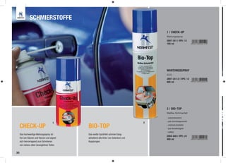 SCHMIERSTOFFE

                                                                                         1 / CHECK-UP
                                                                                         Wartungsspray
                                                                                         2897-351 | VPE: 12
                                                                                         150 ml




                                                                                         WARTUNGSSPRAY
                                                                                         ECO
                                                                                         2897-351-2 | VPE: 12
                                                                                         600 ml




                                                                                         2 / BIO-TOP
                                                                                         Weißes Schmierfett

                                                                                         - wasserabweisend
                                                                                         - gute Schmiereigenschaft
                                      1                                              2
     CHECK-UP                                BIO-TOP                                     - universell einsetzbar
                                                                                         - gute Abriebfestigkeit
                                                                                         - haftfest
     Das hochwertige Wartungsspray ist       Das weiße Sprühfett schmiert lang-
                                                                                         2894-446 | VPE: 24
     frei von Säuren und Harzen und eignet   anhaltend alle Arten von Gelenken und
                                                                                         400 ml
     sich hervorragend zum Schmieren         Kupplungen.
     von nahezu allen beweglichen Teilen.


30
 