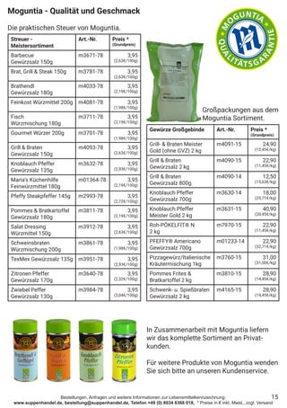 Bestellungen, Anfragen und weitere Informationen zur Lebensmittelkennzeichnung:
www.suppenhandel.de, bestellung@suppenhandel.de, Telefon +49 (0) 8034 6368 018, * Preise in € inkl. Mwst., zzgl. Versand
Moguntia - Qualität und Geschmack
Die praktischen Steuer von Moguntia.
Streuer -
Meistersortiment
Art.-Nr. Preis *
(Grundpreis)
Barbecue
Gewürzsalz 150g
m3671-78 3,95
(2,63€/100g)
Brat, Grill & Steak 150g m3781-78 3,95
(2,63€/100g)
Brathendl
Gewürzsalz 180g
m4033-78 3,95
(2,19€/100g)
Feinkost Würzmittel 200g m4081-78 3,95
(1,98€/100g)
Fisch
Würzmischung 180g
m3711-78 3,95
(2,19€/100g)
Gourmet Würzer 200g m3701-78 3,95
(1,98€/100g)
Grill & Braten
Gewürzsalz 150g
m4093-78 3,95
(2,63€/100g)
Knoblauch Pfeffer
Gewürzsalz 135g
m3632-78 3,95
(2,93€/100g)
Maria‘s Küchenhilfe
Feinwürzmittel 180g
m01364-78 3,95
(2,19€/100g)
Pfeffy Steakpfeffer 145g m2993-78 3,95
(2,72€/100g)
Pommes & Bratkartoffel
Gewürzsalz 180g
m3811-78 3,95
(2,19€/100g)
Salat Dressing
Würzmittel 150g
m3912-78 3,95
(2,63€/100g)
Schweinsbraten
Würzmischung 200g
m3861-78 3,95
(1,98€/100g)
TexMex Gewürzsalz 135g m3951-78 3,95
(2,93€/100g)
Zitronen Pfeffer
Gewürzsalz 170g
m3640-78 3,95
(2,32€/100g)
Zwiebel Peffer
Gewürzsalz 130g
m3984-78 3,95
(3,04€/100g)
Gewürze Großgebinde Art.-Nr. Preis *
(Grundpreis)
Grill- & Braten Meister
Gold (ohne GVZ) 2 kg
m4091-15 24,90
(12,45€/kg)
Grill & Braten
Gewürzsalz 2 kg
m4090-15 22,90
(11,45€/kg)
Grill & Braten
Gewürzsalz 800g
m4090-14 12,50
(15,63€/kg)
Knoblauch Pfeffer
Gewürzsalz 700g
m3630-14 18,00
(25,71€/kg)
Knoblauch Pfeffer
Meister Gold 2 kg
m3631-15 40,90
(20,45€/kg)
Roh-PÖKELFIT® N
2 kg
m7970-15 22,90
(11,45€/kg)
PFEFFY® Americano
Gewürzsalz 700g
m01233-14 22,90
(32,71€/kg)
Pizzagewürz/Italienische
Kräutermischung 1kg
m3760-15 31,00
(31,00€/kg)
Pommes Frites &
Bratkartoffel 2 kg
m3810-15 28,90
(14,45€/kg)
Schwenk- u. Spießbraten
Gewürzsalz 2 kg
m4165-15 28,90
(14,45€/kg)
In Zusammenarbeit mit Moguntia liefern
wir das komplette Sortiment an Privat-
kunden.
Für weitere Produkte von Moguntia wenden
Sie sich bitte an unseren Kundenservice.
15
Großpackungen aus dem
Moguntia Sortiment.
 