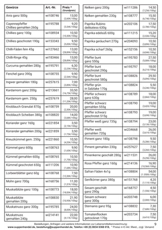 Bestellungen, Anfragen und weitere Informationen zur Lebensmittelkennzeichnung:
www.suppenhandel.de, bestellung@suppenhandel.de, Telefon +49 (0) 8034 6368 018, * Preise in € inkl. Mwst., zzgl. Versand
Nelken ganz 200g wi111286 14,50
(7,25€/100g)
Nelken gemahlen 230g wi108777 15,50
(6,74€/100g)
Paprika Rubino
delikatess 630g
wi202106 17,50
(2,78€/100g)
Paprika edelsüß 600g wi111215 15,20
(2,53€/100g)
Paprika geräuchert 270g wi204093 10,50
(3,89€/100g)
Paprika scharf 260g wi152156 10,50
(4,04€/100g)
Pfeffer bunt
ganz 550g
wi195783 27,50
(5,00€/100g)
Pfeffer bunt
geschrotet 290g
wi195797 18,00
(6,21€/100g)
Pfeffer bunt
geschrotet 580g
wi108826 29,50
(5,09€/100g)
Pfeffer grün
in Salzlake 170g
wi108824 5,50
(3,24€/100g)
Pfeffer schwarz
ganz 630g
wi108789 18,00
(2,86€/100g)
Pfeffer schwarz
gemahlen 555g
wi108790 19,00
(3,42€/100g)
Pfeffer schwarz
geschrotet 515g
wi108793 19,00
(3,69€/100g)
Pfeffer weiß ganz 735g wi108794 23,00
(3,13€/100g)
Pfeffer weiß
gemahlen 720g
wi234668 26,00
(3,61€/100g)
Piment ganz 180g wi108798 9,50
(5,28€/100g)
Piment gemahlen 230g wi257627 7,50
(3,26€/100g)
Pinienkerne geschält 280g wi211531 26,00
(9,29€/100g)
Rosa Pfeffer ganz 160g wi214136 16,90
(10,56€/100g)
Safran Fäden 4x1g wi108804 54,00
(1.350€/100g)
Senfkörner ganz 380g wi151768 4,20
(1,11€/100g)
Sesam geschält
ganz 290g
wi168757 4,50
(1,55€/100g)
Sesam schwarz
ganz 300g
wi203748 6,00
(2,00€/100g)
Sternanis ganz 95g wi108832 7,30
(7,68€/100g)
Tomatenflocken
getrocknet 170g
wi203734 7,50
(4,41€/100g)
9
Gewürze Art.-Nr. Preis *
(Grundpreis)
Anis ganz 500g wi108746 13,00
(2,60€/100g)
Cayennepfeffer
Chillies gemahlen 260g
wi195788 9,20
(3,54€/100g)
Chillies ganz 100g wi108934 10,50
(10,50€/100g)
Chillies geschrotet 190g wi153343 9,50
(5,00€/100g)
Chilli-Fäden fein 45g wi127662 13,00
(28,89€/100g)
Chilli-Ringe 45g wi183466 13,00
(28,89€/100g)
Curcuma gemahlen 280g wi195791 6,30
(2,25€/100g)
Fenchel ganz 390g wi108755 9,90
(2,54€/100g)
Ingwer gemahlen 180g wi257615 7,00
(3,89€/100g)
Kardamom ganz 200g wi213661 33,50
(16,75€/100g)
Kardamom gem. 250g wi257619 28,00
(11,20€/100g)
Knoblauch Granulat 870g wi108759 20,00
(2,30€/100g)
Knoblauch Scheiben 380g wi108820 14,00
(3,68€/100g)
Koriander ganz 160g wi221854 3,50
(2,19€/100g)
Koriander gemahlen 200g wi221859 3,50
(1,75€/100g)
Kreuzkümmel gem. 250g wi221860 10,50
(4,20€/100g)
Kümmel ganz 600g wi108763 9,90
(1,65€/100g)
Kümmel gemahlen 600g wi108765 10,50
(1,75€/100g)
Kümmel geschrotet 650g wi111206 10,90
(1,68€/100g)
Lorbeerblätter ganz 60g wi108768 7,50
(12,50€/100g)
Mohn ganz 700g wi168756 11,00
(1,57€/100g)
Muskatblüte ganz 100g wi108773 18,00
(18,00€/100g)
Muskatblüte
gemahlen 200g
wi108830 21,90
(10,95€/100g)
Muskatnuss ganz 300g wi195785 24,00
(8,00€/100g)
Muskatnuss
gemahlen 240g
wi214141 22,00
(9,17€/100g)
 