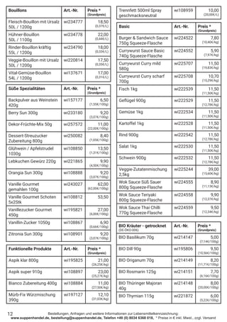 Bestellungen, Anfragen und weitere Informationen zur Lebensmittelkennzeichnung:
www.suppenhandel.de, bestellung@suppenhandel.de, Telefon +49 (0) 8034 6368 018, * Preise in € inkl. Mwst., zzgl. Versand
Bouillons Art.-Nr. Preis *
(Grundpreis)
Fleisch-Bouillon mit Ursalz
50L / 1200g
wi234777 18,50
(0,37€/L)
Hühner-Bouillon
50L / 1100g
wi234778 22,00
(0,44€/L)
Rinder-Bouillon kräftig
55L / 1200g
wi234790 18,00
(0,33€/L)
Veggie-Bouillon mit Ursalz
50L / 1200g
wi220814 17,50
(0,35€/L)
Vital-Gemüse-Bouillon
54L / 1200g
wi137671 17,00
(0,31€/L)
Süße Spezialitäten Art.-Nr. Preis *
(Grundpreis)
Backpulver aus Weinstein
420g
wi157177 6,50
(1,55€/100g)
Berry Sun 300g wi233180 9,20
(3,07€/100g)
Dekor-Früchte-Mix 50g wi257572 11,00
(22,00€/100g)
Dessert-Streuzucker
Zubereitung 800g
wi250082 8,40
(1,05€/100g)
Glühwein / Apfelstrudel
1030g
wi108850 13,50
(1,31€/100g)
Lebkuchen Gewürz 220g wi221865 9,90
(4,50€/100g)
Orangia Sun 300g wi108888 9,20
(3,07€/100g)
Vanille Gourmet
gemahlen 100g
wi243027 62,00
(62,00€/100g)
Vanille Gourmet Schoten
5x2Stk
wi108812 53,50
Vanillezucker Gourmet
450g
wi195821 27,00
(6,00€/100g)
Vanillin-Zucker 1050g wi108867 6,90
(0,66€/100g)
Zitronia Sun 300g wi108901 9,20
(3,07€/100g)
Funktionelle Produkte Art.-Nr. Preis *
(Grundpreis)
Aspik klar 800g wi195825 21,00
(26,25€/kg)
Aspik super 910g wi108897 23,00
(25,27€/kg)
Bianco Zubereitung 400g wi108884 11,00
(27,50€/kg)
Mürb-Fix Würzmischung
390g
wi197127 12,10
(31,03€/kg)
Basic Art.-Nr. Preis *
(Grundpreis)
Burger & Sandwich Sauce
750g Squeeze-Flasche
wi224522 7,80
(10,40€/kg)
Currywurst Sauce Basic
740g Squeeze-Flasche
wi224552 5,90
(7,97€/kg)
Currywurst Curry mild
580g
wi225707 11,50
(19,83€/kg)
Currywurst Curry scharf
700g
wi225708 10,70
(15,29€/kg)
Fisch 1kg wi222539 11,50
(11,50€/kg)
Geflügel 900g wi222529 11,50
(12,78€/kg)
Gemüse 1kg wi222534 11,50
(11,50€/kg)
Kartoffel 1kg wi222528 11,50
(11,50€/kg)
Rind 900g wi222542 11,50
(12,78€/kg)
Salat 1kg wi222530 11,50
(11,50€/kg)
Schwein 900g wi222532 11,50
(12,78€/kg)
Veggie-Zutatenmischung
2,5kg
wi225244 39,00
(15,60€/kg)
Wok Sauce Süß Sauer
800g Squeeze-Flasche
wi224555 8,90
(11,13€/kg)
Wok Sauce Teriyaki
800g Squeeze-Flasche
wi224558 9,90
(12,37€/kg)
Wok Sauce Thai Chilli
770g Squeeze-Flasche
wi224559 9,50
(12,34€/kg)
12
Trennfett 500ml Spray
geschmacksneutral
wi108959 10,00
(20,00€/L)
BIO Kräuter - getrocknet
(DE-ÖKO-006)
Art.-Nr. Preis *
(Grundpreis)
BIO Basilikum 70g wi214147 5,00
(7,14€/100g)
BIO Dill 90g wi195806 9,50
(10,56€/100g)
BIO Origanum 70g wi214149 8,20
(11,71€/100g)
BIO Rosmarin 125g wi214151 7,70
(6,16€/100g)
BIO Thüringer Majoran
40g
wi214148 8,00
(20,00€/100g)
BIO Thymian 115g wi221872 6,00
(5,22€/100g)
 