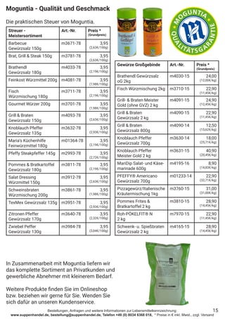 Bestellungen, Anfragen und weitere Informationen zur Lebensmittelkennzeichnung:
www.suppenhandel.de, bestellung@suppenhandel.de, Telefon +49 (0) 8034 6368 018, * Preise in € inkl. Mwst., zzgl. Versand
Moguntia - Qualität und Geschmack
Die praktischen Steuer von Moguntia.
Streuer -
Meistersortiment
Art.-Nr. Preis *
(Grundpreis)
Barbecue
Gewürzsalz 150g
m3671-78 3,95
(2,63€/100g)
Brat, Grill & Steak 150g m3781-78 3,95
(2,63€/100g)
Brathendl
Gewürzsalz 180g
m4033-78 3,95
(2,19€/100g)
Feinkost Würzmittel 200g m4081-78 3,95
(1,98€/100g)
Fisch
Würzmischung 180g
m3711-78 3,95
(2,19€/100g)
Gourmet Würzer 200g m3701-78 3,95
(1,98€/100g)
Grill & Braten
Gewürzsalz 150g
m4093-78 3,95
(2,63€/100g)
Knoblauch Pfeffer
Gewürzsalz 135g
m3632-78 3,95
(2,93€/100g)
Maria‘s Küchenhilfe
Feinwürzmittel 180g
m01364-78 3,95
(2,19€/100g)
Pfeffy Steakpfeffer 145g m2993-78 3,95
(2,72€/100g)
Pommes & Bratkartoffel
Gewürzsalz 180g
m3811-78 3,95
(2,19€/100g)
Salat Dressing
Würzmittel 150g
m3912-78 3,95
(2,63€/100g)
Schweinsbraten
Würzmischung 200g
m3861-78 3,95
(1,98€/100g)
TexMex Gewürzsalz 135g m3951-78 3,95
(2,93€/100g)
Zitronen Pfeffer
Gewürzsalz 170g
m3640-78 3,95
(2,32€/100g)
Zwiebel Peffer
Gewürzsalz 130g
m3984-78 3,95
(3,04€/100g)
Gewürze Großgebinde Art.-Nr. Preis *
(Grundpreis)
Brathendl Gewürzsalz
oG 2kg
m4030-15 24,00
(12,00€/kg)
Fisch Würzmischung 2kg m3710-15 22,90
(11,45€/kg)
Grill- & Braten Meister
Gold (ohne GVZ) 2 kg
m4091-15 24,90
(12,45€/kg)
Grill & Braten
Gewürzsalz 2 kg
m4090-15 22,90
(11,45€/kg)
Grill & Braten
Gewürzsalz 800g
m4090-14 12,50
(15,62€/kg)
Knoblauch Pfeffer
Gewürzsalz 700g
m3630-14 18,00
(25,71€/kg)
Knoblauch Pfeffer
Meister Gold 2 kg
m3631-15 40,90
(20,45€/kg)
MariDip Salat- und Käse-
marinade 600g
m4195-16 8,90
(14,83€/kg)
PFEFFY® Americano
Gewürzsalz 700g
m01233-14 22,90
(32,71€/kg)
Pizzagewürz/Italienische
Kräutermischung 1kg
m3760-15 31,00
(31,00€/kg)
Pommes Frites &
Bratkartoffel 2 kg
m3810-15 28,90
(14,45€/kg)
Roh-PÖKELFIT® N
2 kg
m7970-15 22,90
(11,45€/kg)
Schwenk- u. Spießbraten
Gewürzsalz 2 kg
m4165-15 28,90
(14,45€/kg)
In Zusammenarbeit mit Moguntia liefern wir
das komplette Sortiment an Privatkunden und
gewerbliche Abnehmer mit kleinerem Bedarf.
Weitere Produkte finden Sie im Onlineshop
bzw. beziehen wir gerne für Sie. Wenden Sie
sich dafür an unseren Kundenservice.
15
 
