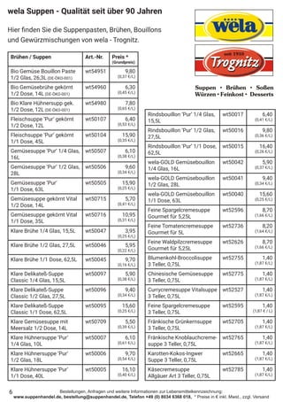 Bestellungen, Anfragen und weitere Informationen zur Lebensmittelkennzeichnung:
www.suppenhandel.de, bestellung@suppenhandel.de, Telefon +49 (0) 8034 6368 018, * Preise in € inkl. Mwst., zzgl. Versand
Brühen / Suppen Art.-Nr. Preis *
(Grundpreis)
Bio Gemüse Bouillon Paste
1/2 Glas, 26,3L (DE-ÖKO-001)
wt54951 9,80
(0,37 €/L)
Bio Gemüsebrühe gekörnt
1/2 Dose, 14L (DE-ÖKO-001)
wt54960 6,30
(0,45 €/L)
Bio Klare Hühnersupp gek.
1/2 Dose, 12L (DE-ÖKO-001)
wt54980 7,80
(0,65 €/L)
Fleischsuppe ‘Pur‘ gekörnt
1/2 Dose, 12L
wt50107 6,40
(0,53 €/L)
Fleischsuppe ‘Pur‘ gekörnt
1/1 Dose, 45L
wt50104 15,90
(0,35 €/L)
Gemüsesuppe ‘Pur‘ 1/4 Glas,
16L
wt50507 6,10
(0,38 €/L)
Gemüsesuppe ‘Pur‘ 1/2 Glas,
28L
wt50506 9,60
(0,34 €/L)
Gemüsesuppe ‘Pur‘
1/1 Dose, 63L
wt50505 15,90
(0,25 €/L)
Gemüsesuppe gekörnt Vital
1/2 Dose, 14L
wt50715 5,70
(0,41 €/L)
Gemüsesuppe gekörnt Vital
1/1 Dose, 35L
wt50716 10,95
(0,31 €/L)
Klare Brühe 1/4 Glas, 15,5L wt50047 3,95
(0,25 €/L)
Klare Brühe 1/2 Glas, 27,5L wt50046 5,95
(0,22 €/L)
Klare Brühe 1/1 Dose, 62,5L wt50045 9,70
(0,16 €/L)
Klare Delikateß-Suppe
Classic 1/4 Glas, 15,5L
wt50097 5,90
(0,38 €/L)
Klare Delikateß-Suppe
Classic 1/2 Glas, 27,5L
wt50096 9,40
(0,34 €/L)
Klare Delikateß-Suppe
Classic 1/1 Dose, 62,5L
wt50095 15,60
(0,25 €/L)
Klare Gemüsesuppe mit
Meersalz 1/2 Dose, 14L
wt50709 5,50
(0,39 €/L)
Klare Hühnersuppe ‘Pur‘
1/4 Glas, 10L
wt50007 6,10
(0,61 €/L)
Klare Hühnersuppe ‘Pur‘
1/2 Glas, 18L
wt50006 9,70
(0,54 €/L)
Klare Hühnersuppe ‘Pur‘
1/1 Dose, 40L
wt50005 16,10
(0,40 €/L)
Rindsbouillon ‘Pur‘ 1/4 Glas,
15,5L
wt50017 6,40
(0,41 €/L)
Rindsbouillon ‘Pur‘ 1/2 Glas,
27,5L
wt50016 9,80
(0,36 €/L)
Rindsbouillon ‘Pur‘ 1/1 Dose,
62,5L
wt50015 16,40
(0,26 €/L)
wela-GOLD Gemüsebouillon
1/4 Glas, 16L
wt50042 5,90
(0,37 €/L)
wela-GOLD Gemüsebouillon
1/2 Glas, 28L
wt50041 9,40
(0,34 €/L)
wela-GOLD Gemüsebouillon
1/1 Dose, 63L
wt50040 15,60
(0,25 €/L)
Feine Spargelcremesuppe
Gourmet für 5,25L
wt52596 8,70
(1,66 €/L)
Feine Tomatencremesuppe
Gourmet für 5L
wt52736 8,20
(1,64 €/L)
Feine Waldpilzcremesuppe
Gourmet für 5,25L
wt52626 8,70
(1,66 €/L)
Blumenkohl-Broccolisuppe
3 Teller, 0,75L
wt52755 1,40
(1,87 €/L)
Chinesische Gemüsesuppe
3 Teller, 0,75L
wt52775 1,40
(1,87 €/L)
Currycremesuppe Vitalsuppe
3 Teller, 0,75L
wt52527 1,40
(1,87 €/L)
Feine Spargelcremesuppe
3 Teller, 0,75L
wt52595 1,40
(1,87 € / L)
Fränkische Grünkernsuppe
3 Teller, 0,75L
wt52705 1,40
(1,87 €/L)
Fränkische Knoblauchcreme-
suppe 3 Teller, 0,75L
wt52765 1,40
(1,87 €/L)
Karotten-Kokos-Ingwer
Suppe 3 Teller, 0,75L
wt52665 1,40
(1,87 €/L)
Käsecremesuppe
Allgäuer Art 3 Teller, 0,75L
wt52785 1,40
(1,87 €/L)
wela Suppen - Qualität seit über 90 Jahren
Hier finden Sie die Suppenpasten, Brühen, Bouillons
und Gewürzmischungen von wela - Trognitz.
6
 