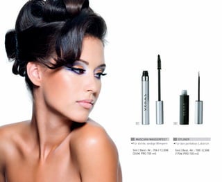 01 02
01 MASCARA WASSERFEST
•	
Für dichte, seidige Wimpern
	 5ml | Best.-Nr.: 706 | 12,00€
	(240€ PRO 100 ml)
02 EYLINER
•	
Für den perfekten Lidstrich
	 5ml | Best.-Nr.: 708 | 8,50€
	(170€ PRO 100 ml)
 