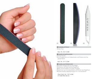 01 02 03
01 SANDBLATTFEILE
•	Grob / Fein
	 Best.-Nr.: 812 | 3,50€
02 NAGELGLANZPOLIERER
•	2 Polierflächen
•	Zum Ausgleichen von Unebenheiten und Polieren der Na-
geloberfläche
	 Best.-Nr.: 811 | 3,50€
03 NAGELHAUTERWEICHER
•	Perfekter Pflegezusatz für Ihre Nägel
•	Verbessert die Elastizität der Nagelhaut
•	Wirkt schmerzhaftem Einreißen entgegen
•	Eignet sich zum Zurückschieben und Formen der Nagelhaut
•	Auswechselbare Applikatorspitze incl. 3 Ersatzspitzen
	 3,8ml | Best.-Nr.: 722 | 6,50€
	 (171,05€ PRO 100 ml)
 