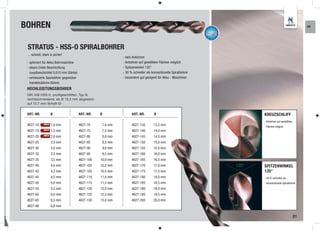BOHREN                                                                                                                                            KR




 STRATUS - HSS-O SPIRALBOHRER
 ... schnell, stark & sicher!
                                                               - kein Ankörnen
 - optimiert für Akku-Bohrmaschine                             - Anbohren auf gewölbten Flächen möglich
 - steam Oxide Beschichtung                                    - Spitzenwinkel 135°
   (oxydbeschichtet 0,010 mm Stärke)                           - 50 % schneller als konventionelle Spiralbohrer
 - verbesserte Spanabfuhr gegenüber                            - besonders gut geeignet für Akku - Maschinen
   handelsübliche Bohrer
 HOCHLEISTUNGSBOHRER
 DIN 338 HSS-0, profilgeschliffen, Typ N,
 rechtsschneidend, ab Ø 13,5 mm abgesetzt
 auf 12,7 mm Schaft-Ø


 ART.-NR.            Ø                 ART.-NR.   Ø                  ART.-NR.         Ø                           KREUZSCHLIFF
                                                                                                                  - Anbohren auf gewölbten
 4627-10      NEU!   1,0 mm            4627-70        7,0 mm         4627-135        13,5 mm                       Flächen möglich
 4627-15      NEU!   1,5 mm            4627-75        7,5 mm         4627-140        14,0 mm
 4627-20      NEU!
                     2,0 mm            4627-80        8,0 mm         4627-145        14,5 mm
 4627-25             2,5 mm            4627-85        8,5 mm         4627-150        15,0 mm
 4627-30             3,0 mm            4627-90        9,0 mm         4627-155        15,5 mm
 4627-33             3,3 mm            4627-95        9,5 mm         4627-160        16,0 mm
 4627-35             3,5 mm            4627-100   10,0 mm            4627-165        16,5 mm
 4627-40             4,0 mm            4627-102   10,2 mm            4627-170        17,0 mm                      SPITZENWINKEL
 4627-42             4,2 mm            4627-105   10,5 mm            4627-175        17,5 mm                      135°
 4627-45             4,5 mm            4627-110   11,0 mm            4627-180        18,0 mm                      - 50 % schneller als
 4627-50             5,0 mm            4627-115   11,5 mm            4627-185        18,5 mm                       konventionelle Spiralbohrer
 4627-55             5,5 mm            4627-120   12,0 mm            4627-190        19,0 mm
 4627-60             6,0 mm            4627-125   12,5 mm            4627-195        19,5 mm
 4627-65             6,5 mm            4627-130   13,0 mm            4627-200        20,0 mm
 4627-68             6,8 mm

                                                                                                                                             21
 