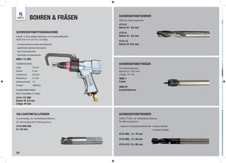 BOHREN & FRÄSEN                    SCHWEISSPUNKTBOHRER
                                                    HSS für Bohrmaschine
                                                    4710-6
                                                    Bohrer-Ø: 6,0 mm
SCHWEISSPUNKTFRÄSMASCHINE                           4710-8
Inhalt: 4 Schweißpunktfräser im Kunststoffkoffer,   Bohrer-Ø: 8,0 mm
HSS Ø 8 mm (4710-112-900)
                                                    4710-10
- mit automatischem Vorschub der Bohrspindel        Bohrer-Ø: 10,0 mm
- gewährleistet optimalen Anpressdruck
- ohne Druckluftanschluß
- Stecknippel mit Außengewinde

8696-112-900
TECHNISCHE DATEN:                                   SCHWEISSPUNKTFRÄSER
Länge:              270 mm                          Für Bohrmaschine
Gewicht:            2,2 kg                          Bohrer-Ø :10,0 mm,
Luftverbrauch:      250 l/min                       Länge: 72 mm
Betriebsdruck:      6 - 8 bar                       4698-1
Schlauchanschluß: 1/4“                              Fräser
Drehzahl:           1800U/min
                                                    4698-01
SCHWEISSPUNKTFRÄSER                                 Ersatzfräskrone
HSCO, Kunststoffbox à 10 Stück

4710-112-900
Bohrer-Ø: 8,0 mm
Länge: 45 mm



VOLLHARTMETALLFRÄSER                                SCHWEISSPUNKTBOHRER
3-schneidig, für höchstfeste Bleche,                HSCO-TICN, für höherfeste Bleche,
für Schweißpunkt-Fräsmaschine                       für Bohrmaschine

4710-008-046                                        - verglichen mit Schweißpunktbohrer HSS: 4 x höhere Standzeit
8 x 46 mm                                                                                    6 x höherer Standweg

                                                    4710-006, 6 x 70 mm

                                                    4710-008, 8 x 80 mm

                                                    4710-010, 10 x 90 mm


24
 