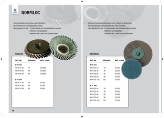 NORMLOC

- Hohe Standzeiten durch eine große Oberfläche                          - Minimale Temperaturentwicklung durch Zusätze im Bindemittel
- Hoch flexibel durch schräggestellte Fächer                            - Der Geweberücken gewährleistet eine hohe Flexiblität
- Ideal geeignet für das: Zurückschleifen von Schweißnähten/-punkten,   - Ideal geeignet für das: Zurückschleifen von Schweißnähten/-punkten,
                          Entfernen von Roststellen,                                              Entfernen von Roststellen,
                          Entfernen alter Lacke und Grundierungen                                 Entfernen alter Lacke und Grundierungen




     FLEXLOC                                                                ZIRCOLOC

     ART.-NR.         KÖRNUNG          MAX. U/MIN.                          ART.-NR.          KÖRNUNG          MAX. U/MIN.

     Ø 50 mm                                                                Ø 50 mm
     4679-50-36       36               30.0000                              4679-02-24         24              30.000
     4679-50-60       60               30.0000                              4679-02-36         36              30.000
     4679-50-80       80               30.0000                              4679-02-60         60              30.000
                                                                            4679-02-80         80              30.000
     Ø 75 mm                                                                4679-02-120       120              30.000
     4679-75-36       36               20.000
     4679-75-60       60               20.000                               Ø 75 mm
     4679-75-80       80               20.000                               4679-03-24         24              20.000
                                                                            4679-03-36         36              20.000
                                                                            4679-03-60         60              20.000
                                                                            4679-03-80         80              20.000
                                                                            4679-03-120       120              20.000




26
 