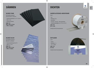 DÄMMEN                                           DICHTEN                                                 KR




SILENCE FOAM                                     DAUERPLASTISCHES-ABDICHTBAND
Schalldämmplatten                                flach
Schaumstoff, anthrazit
                                                 - grau
- Temperaturbeständigkeit von -25° C bis 90° C   - Rollenlänge: 26 m
- Stärke 10 mm                                   - lösemittelfrei
- abriebfeste Oberﬂäche                          - temperatur-, alterungs-, witterungsbeständig
4580-774                                         - Temperaturbeständigkeit von -30° C bis +100° C
550 x 250 x 10 mm                                4581-770
1 VPE = 6 Stück                                  20 x 2 mm

                                                 Beseitigt störende Karosseriegeräusche




SILENCE BLACK                                    BUTYLBAND
Schalldämmplatten                                rund
Bitumen, schwarz
                                                 - schwarz
- Temperaturbeständigkeit bis 90° C              - Rollenlänge: 7 m
- Stärke ca. 2,1 mm                              - 1 VE = 2 Rollen
4580-773                                         4581-776
550 x 250 x 2 mm                                 Ø 6 mm
1 VPE = 6 Stück
                                                 Beseitigt störende Karosseriegeräusche




                                                                                                    29
 