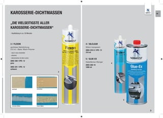 KAROSSERIE-DICHTMASSEN                                                                     KR




„DIE VIELSEITIGSTE ALLER
KAROSSERIE-DICHTMASSEN“
- Hautbildung in ca. 30 Minuten




3 / FLEXON                                             4 / SILCLEAR
spritzbare Nahtdichtung                                Silikon transparent
310 ml – Basis: Misch-Polymer                          2893-232-0 | VPE: 12
- nass in nass verarbeitbar                            310 ml
- silikonfrei
- überlackierbar mit allen Lacken
                                                       5 / GLUE-EX
2893-300 | VPE: 12
                                                       Klebeflächen-Reiniger
grau                                                                           4
                                                       2893-200-10
2893-301 | VPE: 12                                     1000 ml
schwarz
                                                   3




   spritzbar                        streichbar




                                                                                   5


   schmale Nähte                    breite Nähte


                                                                                       3
 