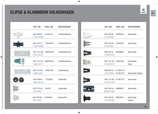CLIPSE & KLAMMERN VOLKSWAGEN                                                                                              KR




          ART.-NR.          ORIG.-NR.    BEZEICHNUNG          ART.-NR.          ORIG.-NR.     BEZEICHNUNG


          5501-408-30       321853139    Zierleistenklammer   5501-420-90       431805445     Spreizmutter
          L 12,0 / H 18,0                                     L 12,7 / B 9,5


          5501-415-70       141853547B   Zierleistenklammer   5501-420-90       431805445     Spreizmutter
          L 13,0 / H 20,0                                     L 13,0 / H 9,7


          5501-101-208 1H0853733B        Zierleistenklammer   5500-879-32       867809966     Spreizmutter
          L 32,1 / B 10,4                                     L 14,0 / Ø 12,0


          5501-101-216 3A0853575A        Zierleistenklammer   5501-101-228 165827592          Spreizmutter
          L 22,0 / H 17,7                                     L 14,0 / Ø 11,0                 beige


          5501-101-003 191853733A        Dachleistenclip      5500-897-33       811807577C/
          L 30,9 / H 8,5                                      L 12,0 / H 9,5    811807577F    Spreizmutter schwarz


          5501-400-80       171853939    Dichtmutter          5501-101-001 811807577C         Spreizmutter
          L 65,0 / Ø 13,2                                     L 12,3 / H 11,8


          5501-701-00       1416795      Spreizmutter         5501-302-50       4D0868637     Spreizmutter
          L 8,0 / H 9,7                                       B 23,4 / H 14,2


         5501-060-90        441035555    Spreizmutter         5501-449-60       N90833801     Spreizmutter
         L 8,5 / H 9,5                                        L 13,8 / Ø 15,0                 schwarz


                                                                                                                     45
 