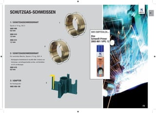 SCHUTZGAS-SCHWEISSEN                                                                                 KR




1 / SCHUTZGASSCHWEISSDRAHT                                             1
Spule à 15 kg, SG 2
4982-008
0,8 mm
                                                                           WIR EMPFEHLEN...
4982-010
1,0 mm                                                                     Elox
4982-012
                                                                           Schweiß-Primer
1,2 mm                                                                     2893-901 | VPE: 12
                                                               2


2 / SCHUTZGASSCHWEISSDRAHT
für verzinkte Bleche, Spule à 15 kg, SG1 A

- Niedriglegierte Drahtelektrode für das MIG+MAG - Verfahren zum
 Verbindungs- und Auftragsschweißen von Bau- und Rohrstählen
 mit CO² und Mischgase

4982-018
0,8 mm




3 / ADAPTER
für Korbspulen
                                                                   3

4982-008-100




                                                                                                73
 