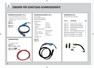 ZUBEHÖR FÜR SCHUTZGAS-SCHWEISSGERÄTE

     BRENNERSCHLAUCHPAKET 150 A                                  BRENNERSCHLAUCHPAKET 250 A                               BRENNERROHR 250 A
     für Standard MIG/MAG-Schweißbrenner                         blau / schwarz                                           flexibel, geschraubt, MIG/MAG
                                                                 Brennerschlauchpaket für
     - Belastbarkeit 150 Amp bei Mischgas oder 180 Amp bei Co2
                                                                 MIG/MAG-Schweißgeräte
     - Kontaktdüse 1,2 mm
                                                                                                                          ART.-NR.         AUSFÜHRUNG                          BILD
                                                                 TECHNISCHE DATEN:
     4983-101
                                                                 - Kühlung:                        Luftkühlung
     Länge: 3 m
                                                                 - Drahtdurchmesser:               0,8 bis 1,2 mm         4983-252-1       Gasdüse, konisch, geschraubt         1
     4983-101-5                                                  - Gasdurchﬂuss:                   10 Liter/Minute        4983-254-1       Punktschweissdüse, geschraubt        2
     Länge: 5 m
                                                                 - Brennerhals:                    starre Ausführung      4983-251-3       Brennerrohr, flexibel, geschraubt    3
                                                                 - System für gesteckte gasdüsen                          4983-110-1       Düsenstock M6                        4
                                                                 - Kabel:                          Flex Gummi-Koaxkabel
                                                                                                                          4983-251-4       Brenner Adapterhülse M10 x 26 mm     5
                                                                 - Technische Ausführung:          nach IEC 60974-7
                                                                                                                          4983-255-008 Stromdüse 0,8 mm, vernickelt             6
                                                                 - Gewicht mit 5 Meter Kabel:      3,600 Kg
                                                                                                                          4983-255-010 Stromdüse 1,0 mm, vernickelt             7
                                                                 - Anschluss:                      Euro Zentralstecker
                                                                 - bei Mischgas 200A                                      4983-255-012 Stromdüse 1,2 mm, vernickelt             8
                                                                 - bei CO² 230A
     FÜHRUNGSSPIRALE                                             4983-250
     rot                                                         Länge: 5 m

     - Führungsspirale bis 250 Amp                                                                                                                  3
     4983-101-0
     Länge: 3 m, Ø 0,8 - 1,0 mm
                                                                                                                                                4
     4983-101-51 NEU!                                                                                                          1       2            6
     Länge: 5 m, Ø 0,8 - 1,2 mm                                                                                                            7
                                                                                                                                                    8
                                                                                                                                                                        5




74
 