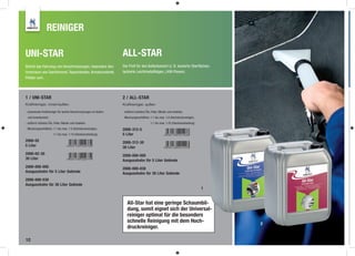 REINIGER

UNI-STAR                                                           ALL-STAR
Befreit das Fahrzeug von Verschmutzungen, besonders den            Der Proﬁ für den Außenbereich (z. B. lackierte Oberﬂächen,
Innenraum wie Dachhimmel, Teppichboden, Armaturenbrett,            lackierte Leichtmetallfelgen, LKW-Planen).
Polster uvm.



1 / UNI-STAR                                                       2 / ALL-STAR
Kraftreiniger, innen/außen                                         Kraftreiniger, außen

- schonender Kraftreiniger für leichte Verschmutzungen im Außen-   - entfernt mühelos Öle, Fette, Nikotin und Insekten
 und Innenbereich                                                  - Mischungsverhältnis: 1:1 bis max. 1:6 (Hochdruckreiniger),
- entfernt mühelos Öle, Fette, Nikotin und Insekten                                       1:1 bis max. 1:25 (Handverarbeitung)
- Mischungsverhältnis: 1:1 bis max. 1:5 (Hochdruckreiniger),       2000-312-5
                       1:1 bis max. 1:10 (Handverarbeitung)        5 Liter
2000-02                                                            2000-312-30
5 Liter                                                            30 Liter
2000-02-30                                                         2000-000-005
30 Liter                                                           Ausgusshahn für 5 Liter Gebinde
2000-000-005                                                       2000-000-030
Ausgusshahn für 5 Liter Gebinde                                    Ausgusshahn für 30 Liter Gebinde
2000-000-030
Ausgusshahn für 30 Liter Gebinde
                                                                                                                                  1


                                                                      All-Star hat eine geringe Schaumbil-
                                                                      dung, somit eignet sich der Universal-
                                                                      reiniger optimal für die besonders
                                                                      schnelle Reinigung mit dem Hoch-                                2
                                                                      druckreiniger.

12
 