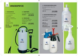 DRUCKSPRITZE                                                   2 / DRUCKPUMPSPRÜHFLASCHE
                                                                                   für Uni-Star, All-Star, Topas, Oxim,
                                                                                   Motor-Fit

                                                                                   - 1 Liter, Betriebsüberdruck 3 bar

                                                                                   2000-100
1 / DRUCKSPRITZE                        A / HANDPUMPE
für alle Normfest-Reiniger              für Uni-Star, All-Star und Topas

- 5 Liter Kunststoffbehälter            2000-806-1                                 3 / DRUCKPUMPSPRÜHFLASCHE
- 4 bar Betriebsdruck                                                              für Säurehaltige Flüssigkeiten, z.B.
- hochfester 1,5 m Sprühschlauch                                                   Mega-Star                                      4
- gebogenes 50 cm Edelstahl-Sprührohr
                                        B / VERSCHLUSS
                                                                                   - 1 Liter, Betriebsüberdruck 3 bar
- Flachstrahldüse                       für Power-Star, Mega-Star,
                                        All-Star, Uni-Star, Topas                  2897-333-100
- Viton-Dichtungen
                                        und Motor-Fit
- Ventilstange aus Edelstahl
                                        2000-806-2                                 2000-101
- Druckluftanschluss (Ventil)                                                      Ersatzdichtung
2000-806
ohne Handpumpe                                                                     2897-333-101
                                                                                                                              A
und Verschluss                                                                     Ersatzdichtung Viton




                                                                                                                                      5
                                                                     A




                                                                               2

                                   1



                                                                                                                          3

26                                                                         B
 