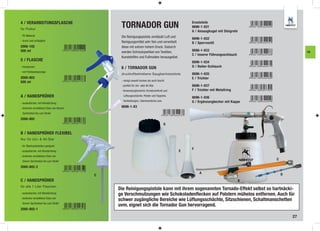 4 / VERARBEITUNGSFLASCHE
für Politur
                                                    TORNADOR GUN                                    Ersatzteile
                                                                                                    8696-1-831
                                                                                                    A / Ansaugkugel mit Steigrohr
- PE-Material                                       Die Reinigungspistole zerstäubt Luft und        8696-1-832
- druck-und schlagfest                              Reinigungsmittel sehr fein und verwirbelt       B / Sperrventil
2000-102                                            diese mit extrem hohem Druck. Dadurch
500 ml                                              werden Schmutzpartikel von Textilien,           8696-1-833                                      FA
                                                                                                    C / Innerer Führungsschlauch
                                                    Kunststoffen und Fußmatten herausgelöst.
5 / FLASCHE                                                                                         8696-1-834
- transparant                                       6 / TORNADOR GUN                                D / Rotier-Schlauch
- mit Füllstandsanzeige
                                                    druckluftbetriebene Saugbecherpistole           8696-1-835
2000-803                                       B                                                    E / Trichter
                                                    - reinigt sowohl trocken als auch feucht
500 ml
                                                    - perfekt für Uni- oder All-Star                8696-1-837
                                                    - Anwendungbereiche: Armaturenbrett und         F / Trichter mit Metallring
A / HANDSPRÜHER                                      Lüftungsschächte, Polster und Teppiche,
                                                                                                    8696-1-836
                                                     Verkleidungen, Cabrioverdecke usw.             G / Ergänzungbecher mit Kappe
- auslaufsicher, mit Vitondichtung
- stufenlos verstellbare Düse von feinem            8696-1-83
 Sprühnebel bis zum Strahl

2000-802
                                                                                           G

B / HANDSPRÜHER FLEXIBEL
Nur für Uni- & All-Star

- für Überkopfarbeiten geeignet
                                                                                                    F
- auslaufsicher, mit Vitondichtung                                                              E
- stufenlos verstellbare Düse von
 feinem Sprühnebel bis zum Strahl
                                                                                                                                       C

2000-802-2
                                                                                                         A                                 D
                                           C
C / HANDSPRÜHER                                                                                                                    B
für alle 1 Liter Flaschen
                                                   Die Reinigungspistole kann mit ihrem sogenannten Tornado-Effekt selbst so hartnäcki-
- auslaufsicher, mit Vitondichtung                 ge Verschmutzungen wie Schokoladenﬂecken auf Polstern mühelos entfernen. Auch für
- stufenlos verstellbare Düse von
                                                   schwer zugängliche Bereiche wie Lüftungsschächte, Sitzschienen, Schaltmanschetten
 feinem Sprühnebel bis zum Strahl
                                                   uvm. eignet sich die Tornador Gun hervorragend.
2000-802-1

                                                                                                                                               27
 