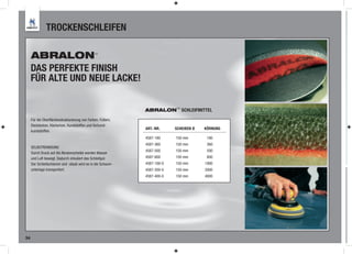 TROCKENSCHLEIFEN

     ABRALON                                    TM




     DAS PERFEKTE FINISH
     FÜR ALTE UND NEUE LACKE!


                                                              ABRALON SCHLEIFMITTEL
                                                                           TM




     Für die Oberflächenstrukturierung von Farben, Füllern,
     Decklacken, Klarlacken, Kunststoffen und Verbund-
                                                              ART.-NR.     SCHEIBEN Ø   KÖRNUNG
     kunststoffen.
                                                              4587-180     150 mm        180
                                                              4587-360     150 mm        360
     SELBSTREINIGUNG
                                                              4587-500     150 mm        500
     Durch Druck auf die Abralonscheibe werden Wasser
     und Luft bewegt. Dadurch zirkuliert das Schleifgut.      4587-600     150 mm        600
     Der Schleifschlamm und -staub wird so in die Schaum-     4587-100-0   150 mm       1000
     unterlage transportiert.                                 4587-200-0   150 mm       2000
                                                              4587-400-0   150 mm       4000




34
 