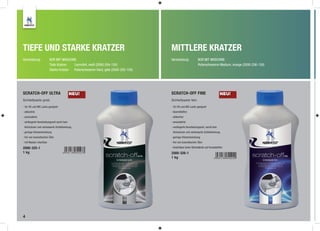 TIEFE UND STARKE KRATZER                                                          MITTLERE KRATZER
Verarbeitung:           NUR MIT MASCHINE                                          Verarbeitung:            NUR MIT MASCHINE
                        Tiefe Kratzer:  Lammfell, weiß (2000-204-150)                                      Polierschwamm Medium, orange (2000-206-150)
                        Starke Kratzer: Polierschwamm Hard, gelb (2000-205-150)




SCRATCH-OFF ULTRA                            NEU!                                 SCRATCH-OFF FINE                              NEU!
Schleifpaste grob                                                                 Schleifpaste fein

- für HS und MS Lacke geeignet                                                    - für HS und MS Lacke geeignet
- silikonfrei                                                                     - lösemittelfrei
- amoniakfrei                                                                     - silikonfrei
- verlängerte Verarbeitungszeit somit kein                                        - amoniakfrei
 Antrocknen und verbesserte Schleifwirkung                                        - verlängerte Verarbeitungszeit, somit kein
- geringe Hitzeentwicklung                                                         Antrocknen und verbesserte Schleifwirkung
- frei von kosmetischen Ölen                                                      - geringe Hitzeentwicklung
- mit Wasser mischbar                                                             - frei von kosmetischen Ölen

2000-325-1                                                                        - hinterlässt keine Rückstände auf Kunststoffen
1 kg                                                                              2000-326-1
                                                                                  1 kg




4
 