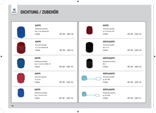 DICHTUNG / ZUBEHÖR

           KAPPE                                             KAPPE
           Niederdruckseite                                  Hochdruckseite
           blau, 13 mm Standard VW                           rot, 16 mm Ford / VW
           6 Stück                       ART.-NR. 5000-100   6 Stück                ART.-NR. 5000-105



           KAPPE                                             VENTILKAPPE
           Hochdruckseite                                    Hochdruckseite
           rot, 16 mm Standard VW                            M10 x 0,75
           6 Stück                       ART.-NR. 5000-101   6 Stück                ART.-NR. 5000-128



           KAPPE                                             VENTILKAPPE
           Niederdruckseite                                  Niederdruckseite
           blau, 13 mm Ford / BMW / DB                       M8 x 1
           6 Stück                       ART.-NR. 5000-102   6 Stück                ART.-NR. 5000-129


           KAPPE                                             VENTILKAPPE
           Hochdruckseite                                    Hochdruckseite
           rot, 16 mm                                        jap. KFZ OEM

           6 Stück                       ART.-NR. 5000-103   6 Stück                ART.-NR. 5000-130



           KAPPE                                             VENTILKAPPE
           Niederdruckseite                                  Niederdruckseite
           blau, 13 mm Ford / VW                             jap. KFZ OEM
           6 Stück                       ART.-NR. 5000-104   6 Stück                ART.-NR. 5000-131



14
 