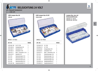 TRUCKER      BELEUCHTUNG 24 VOLT
HD = ERSCHÜTTERUNGSFEST
LL = LONG LIFE

  LKW-Lampen-Box H4                                  LKW-Lampen-Box H1/H7                                Lampen-Box, leer mit
  3720-03                                            3720-03-000                                         Schaumstoffeinsatz
                                                                                                         3720-03-111 für H4
                                                                                                         3720-03-222 für H7/H1


                                                                                                                                      AL




  INHALT: 18 TEILE                                    INHALT: 22 TEILE

  ART.-NR.                                   MENGE    ART.-NR.                                   MENGE

  3720-064-196   H4 75 / 70 W                2        3720-064-155   H1 70 W                     1
  3720-039-30    Anzeigenlampe 4 W           2        3720-064-211   H7 70 W                     1
  3720-056-27    Schlusslicht 5 W            1        3720-039-30    Anzeigenlampe 4 W           2
  3720-056-37    Schlusslicht 10 W           1        3720-056-37    Schlusslicht 10 W           2
  3720-075-11    Blink- u. Bremslicht 21 W   4        3720-075-11    Blink- u. Bremslicht 21 W   6
  3720-037-97    Standlicht 2 W              2        3731-010       Stecksicherungen 10 A       2
  3731-010       Stecksicherungen 10 A       1        3731-015       Stecksicherungen 15 A       2
  3731-015       Stecksicherungen 15 A       1        3731-020       Stecksicherungen 20 A       2
  3731-020       Stecksicherungen 20 A       1        3731-025       Stecksicherungen 25 A       2
  3731-025       Stecksicherungen 25 A       1        3720-064-155   Hauptscheinwerfer H1        1
  3720-064-196   Hauptscheinwerfer H 4       2        3720-064-211   Hauptscheinwerfer H7        1

                                                                                                                                 17
 