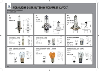 NORMLIGHT DISTRIBUTED BY NORMFEST 12 VOLT
HD = ERSCHÜTTERUNGSFEST
LL = LONG LIFE

     H1                         H4                               H7
     14,5s                      P43t                             Px26d
     55 W                       60 / 55 W                        55 W
     3725-064-150               3723-064-193                     3723-064-201

                                                                 3723-064-209




                                                                                     4,1
                                                                 LL




                                                                                           44 max.
                                                                                     25




                                                                                           16 max.
     GLASSOCKELLAMPE            GLASSOCKELLAMPE                  SCHLUSSLICHTLAMPE
     W2x4,6d                    W2,1x9,5d                        BA15s
     1,2 W                      5W                               5W
                                                                 3723-050-07
     3723-027-21                3723-028-25
                                                                 10 W
                                                                 3723-050-08


     BLINK- & BREMSLICHTLAMPE   BLINKLICHTLAMPE VORNE & HINTEN   BREMSSCHLUSSLICHT-LAMPE
     BA15s                      BAU15s                           BAY15d
     21 W                       21 W                             21/5 W
     3723-075-06                3723-075-07                      3723-075-28




18
 