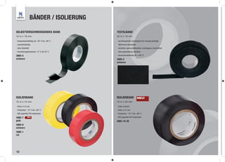 BÄNDER / ISOLIERUNG

SELBSTVERSCHWEISSENDES BAND                   TEXTILBAND
10 m x 19 mm                                  25 m x 19 mm

- temperaturbeständig von -40° C bis +90° C   - verrottungsfestes Gewebeband für manuell gefertigte
- wasserbeständig                               Motorraum-Kabelsätze
- hohe Elastizität                            - abriebfest, geräuschdämpfend, schmiegsam, hochreißfest
- Verarbeitungstemperatur +5° C bis 35° C     - alterungsbeständig, klebstark

3985-5                                        - temperaturbeständig bis +150° C
schwarz                                       3985-2
                                              schwarz




ISOLIERBAND                                   ISOLIERBAND               NEU!
10 m x 15 mm                                  10 m x 30 mm

- Dicke: 0,15 mm                              - Farbe: schwarz
- Temperatur: -10° C bis +90° C               - Dicke: 0,15 mm
- VDE-geprüftes PVC-Isolierband               - Temperatur: -10° C bis +90° C

3985-7         NEU!                           - VDE-geprüftes PVC-Isolierband
gelb                                          3985-10-30
3985-6
schwarz
3985-1
rot




12
 