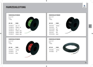 FAHRZEUGLEITUNG

  FAHRZEUGLEITUNGEN              FAHRZEUGLEITUNGEN
  Ø 1,5 mm²                      Ø 2,5 mm²
  50 m                           50 m
  1-adrig                        1-adrig



  ART.-NR.      FARBE            ART.-NR.      FARBE

  3770-020-11   grau - rot       3770-010-5    schwarz        AE
  3770-020-12   schwarz - rot    3770-010-6    rot
  3770-020-14   grün - rot       3770-010-60   gelb
  3770-020-15   schwarz - grau   3770-010-61   weiß
  3770-020-16   schwarz - weiß   3770-010-7    blau
  3770-020-17   schwarz - grün   3770-010-99   braun



  FAHRZEUGLEITUNGEN              FAHRZEUGLEITUNGEN
  Ø 4,0 mm²                      Ø 6,0 mm²
  50 m                           50 m
  1-adrig                        1-adrig



  ART.-NR.      FARBE            ART.-NR.      FARBE

  3770-040-1    schwarz          3770-060-1    schwarz
  3770-040-2    rot              3770-060-2    rot
  3770-040-3    braun




                                                         15
 