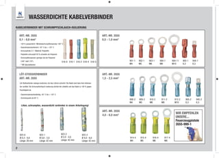 WASSERDICHTE KABELVERBINDER
KABELVERBINDER MIT SCHRUMPFSCHLAUCH-ISOLIERUNG

    ART.-NR. 3555                                                                                          ART.-NR. 3555
    0,1 - 0,6 mm2                                                                                      *   0,5 - 1,0 mm2
    - 100 % wasserdicht / Mindestschrumpftemperatur 100° C
    - Dauertemperaturbereich -55° C bis + 125° C
    - Schrumpfrate 3:1 / Material: Polyoleﬁn
    - Polyoleﬁn schrumpft 40 % schneller als Polyamid
    - Schrumpftemperatur geringer als bei Polyamid
     (100° statt 170°)                                      516-0 516-1 516-2 516-4 516-5                                  901-1   902-1    903-1      904-1       904-11    905-1     944-1
    - * VW-Spezialstecker                                                                                                  M4      M5       M6         M8          M10       6,3       6,3



    LÖT-STOSSVERBINDER                                                                                     ART.-NR. 3555
    ART.-NR. 3555                                                                                          1,5 - 2,5 mm2
    Löt-Stoßverbinder solange erwärmen, bis das Lötzinn schmilzt. Die Kabel sind dann fest miteinan-
    der verlötet. Die Schrumpfschlauch-Isolierung dichtet die Lötstelle und das Kabel zu 100 % gegen
    Feuchtigkeit ab.

    - Dauertemperaturbeständig -55° C bis + 125° C
    - Schmelzpunkt ab 85° C
                                                                                                                           908-2   909-2    910-2       911-2        912-2     905-2      945-2
                                                                                                                           M4      M5       M6          M8           M10       6,3        6,3
      Löten, schrumpfen, wasserdicht verbinden in einem Arbeitsgang!

                                                                                                           ART.-NR. 3555
                                                                                                                                                                      WIR EMPFEHLEN
                                                                                                           4,0 - 6,0 mm2
                                                                                                                                                                      UNSERE...
                                                                                                                                                                      Feuerzeugpistole
                                                                                                                                                                      3555-999-1


    923-0                      923-1                       923-2                       923-3
    Ø 0,3 - 0,8                Ø 0,8 - 2,0                 Ø 2,0 - 4,0                 Ø 4,0 - 6,0                         914-4    915-4      916-4       917-4
    Länge: 26 mm               Länge: 42 mm                Länge: 42 mm                Länge: 42 mm                        M4       M5         M6          M8


2
 