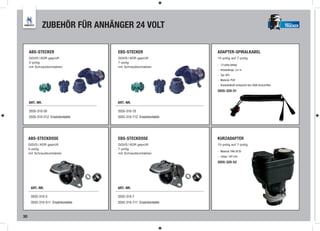 ZUBEHÖR FÜR ANHÄNGER 24 VOLT                                                                         TRUCKER




     ABS-STECKER                    EBS-STECKER                   ADAPTER-SPIRALKABEL
     GGVS / ADR geprüft             GGVS / ADR geprüft            15-polig auf 7-polig
     5-polig                        7-polig
                                                                  - 13-polig belegt
     mit Schraubkontakten           mit Schraubkontakten
                                                                  - Arbeitslänge: 3,5 m
                                                                  - Typ: N/S
                                                                  - Material: PUR
                                                                  - Rückstellkraft entspricht den OEM-Vorschriften

                                                                  3555-320-51


     ART.-NR.                       ART.-NR.

     3555-310-50                    3555-310-70
     3555-310-512 Ersatzkontakte    3555-310-712 Ersatzkontakte




     ABS-STECKDOSE                  EBS-STECKDOSE                 KURZADAPTER
     GGVS / ADR geprüft             GGVS / ADR geprüft            15-polig auf 7-polig
     5-polig                        7-polig
                                                                  - Material: PA6 GF30
     mit Schraubkontakten           mit Schraubkontakten
                                                                  - Länge: 162 mm

                                                                  3555-320-52




      ART.-NR.                      ART.-NR.

      3555-310-5                    3555-310-7
      3555-310-511 Ersatzkontakte   3555-310-711 Ersatzkontakte


30
 